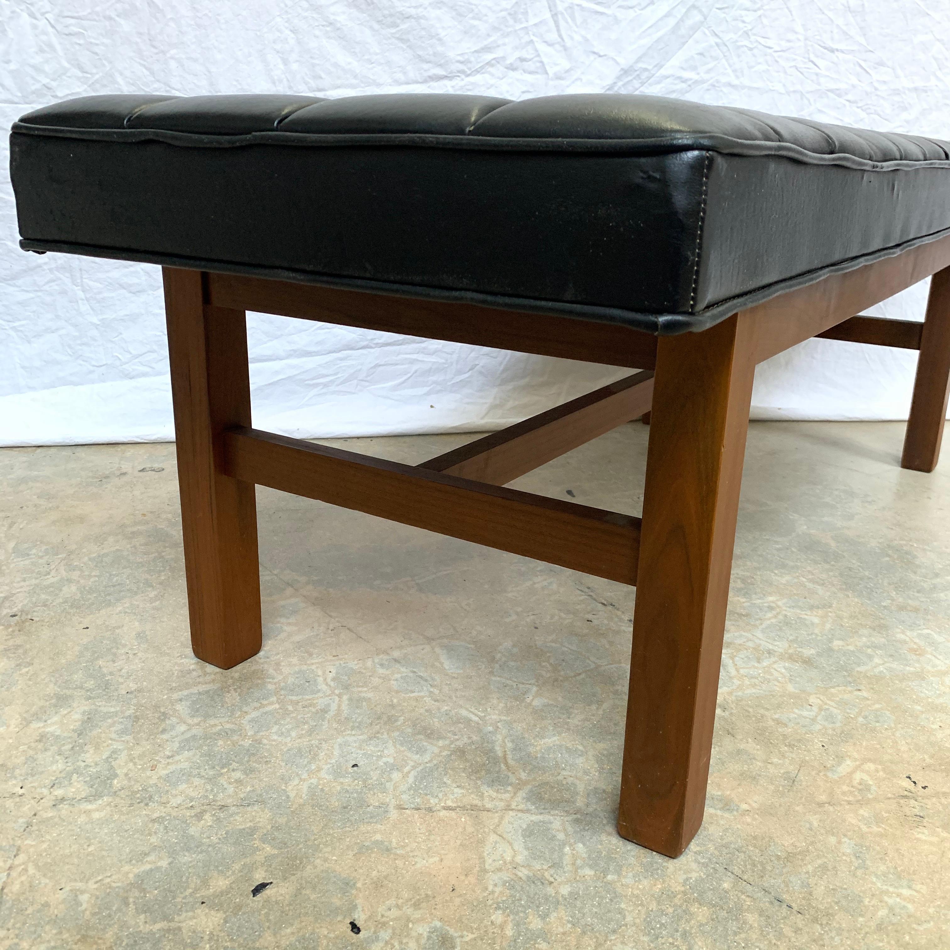 Upholstery Harvey Probber Black Vinyl Biscuit Tufted Walnut Bench or Ottoman, USA, 1960s