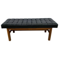 Harvey Probber Black Vinyl Biscuit Tufted Walnut Bench or Ottoman, USA, 1960s