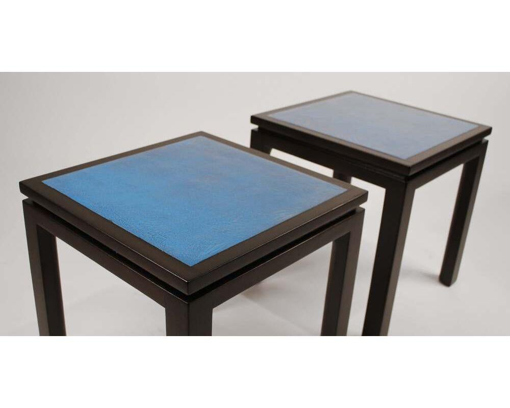 Harvey Probber Blue Enameled Copper and Espresso Mahogany Side Tables 1960s For Sale 1