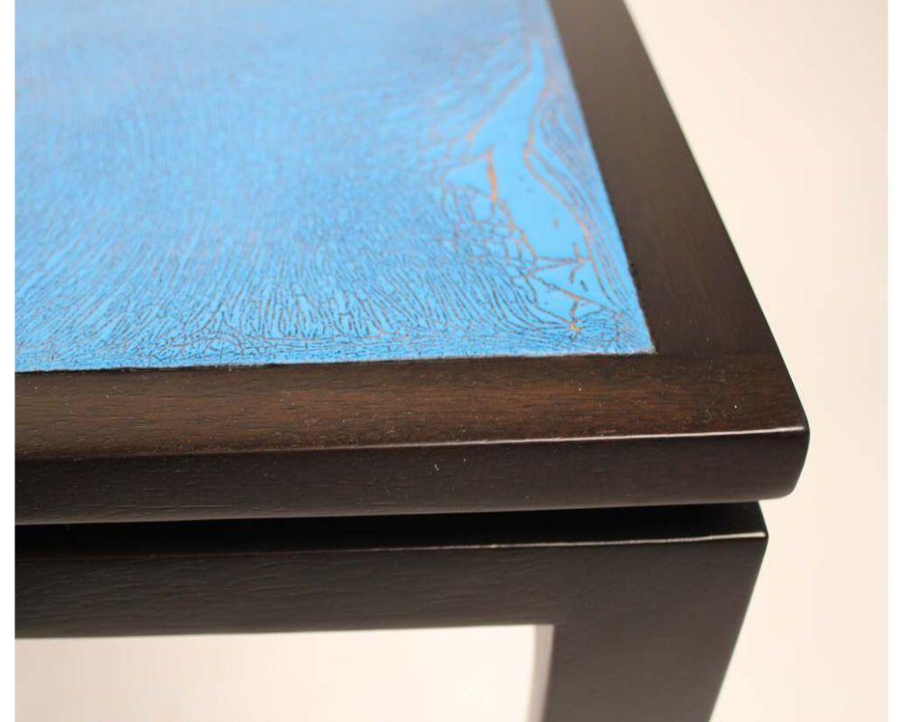 Harvey Probber Blue Enameled Copper and Espresso Mahogany Side Tables 1960s For Sale 2