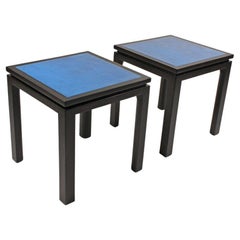 Harvey Probber Blue Enameled Copper and Espresso Mahogany Side Tables 1960s