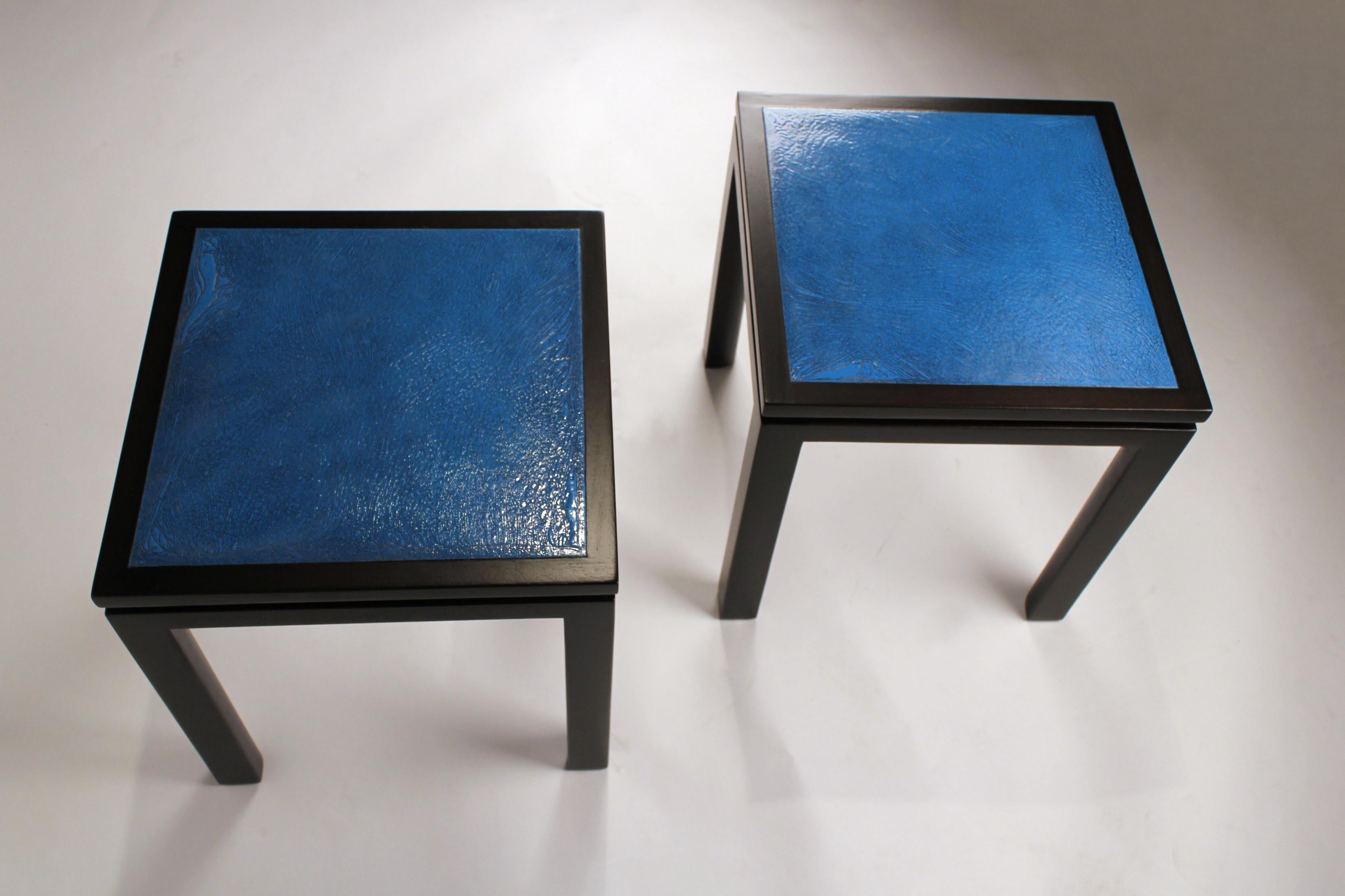 Mid-Century Modern Harvey Probber Blue Enameled Copper and Espresso Mahogany Side Tables