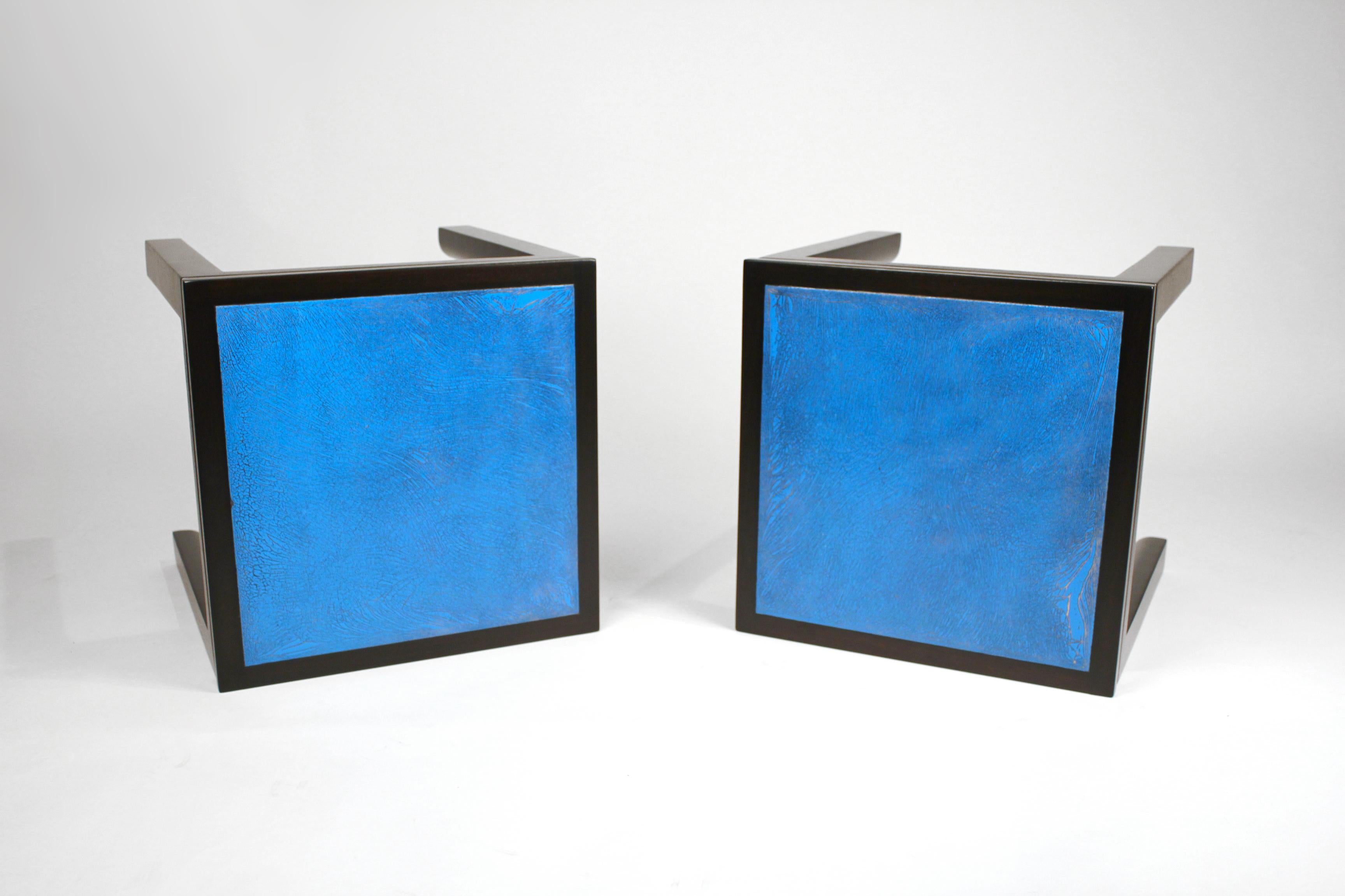 Harvey Probber Blue Enameled Copper and Espresso Mahogany Side Tables In Excellent Condition In Dallas, TX
