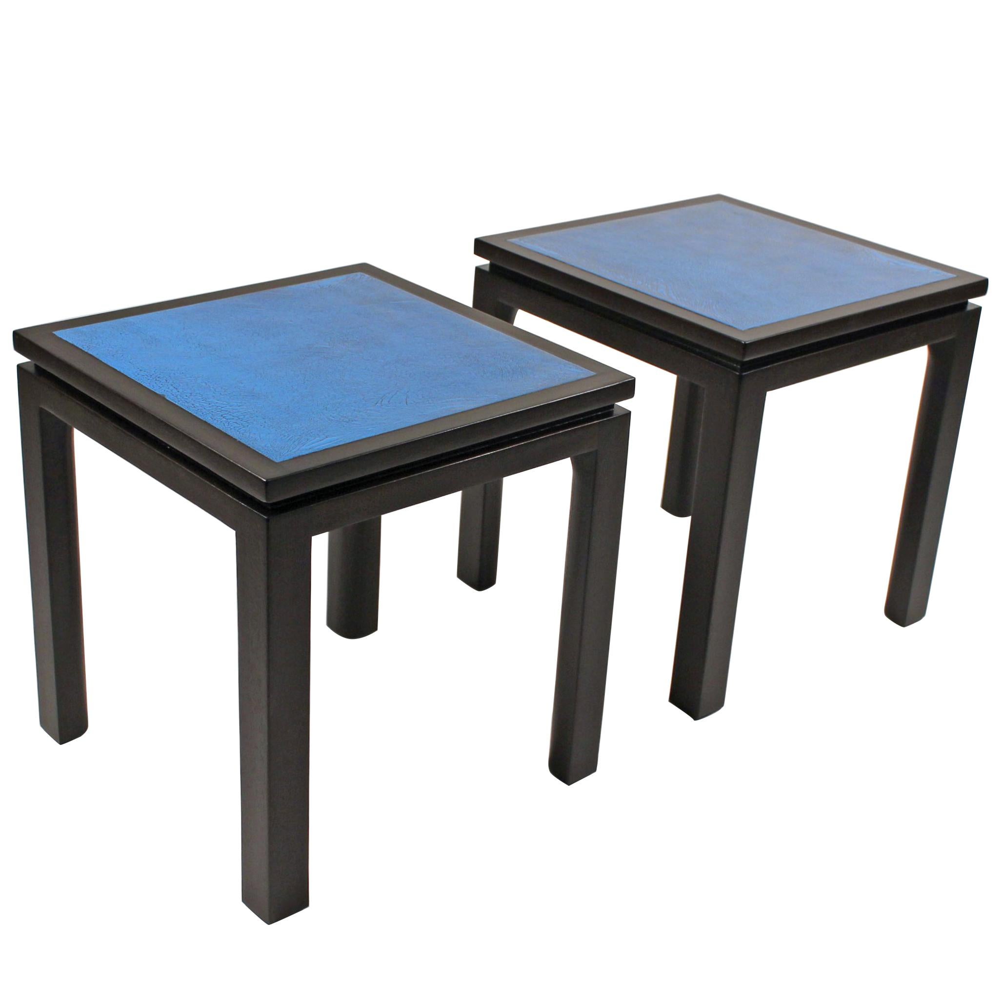 Harvey Probber Blue Enameled Copper and Espresso Mahogany Side Tables