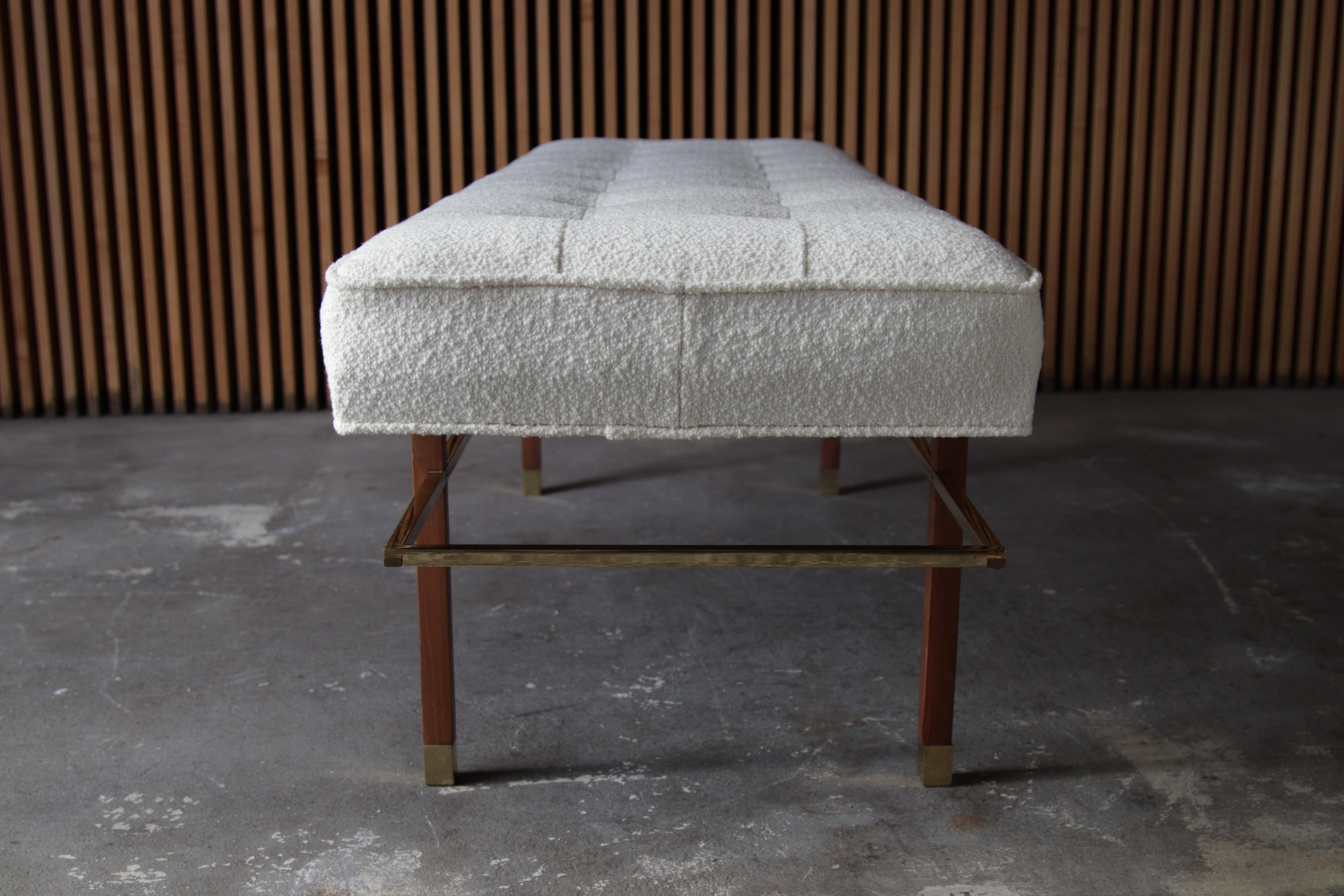 Polished Harvey Probber Brass and Mahogany Bench in Boucle