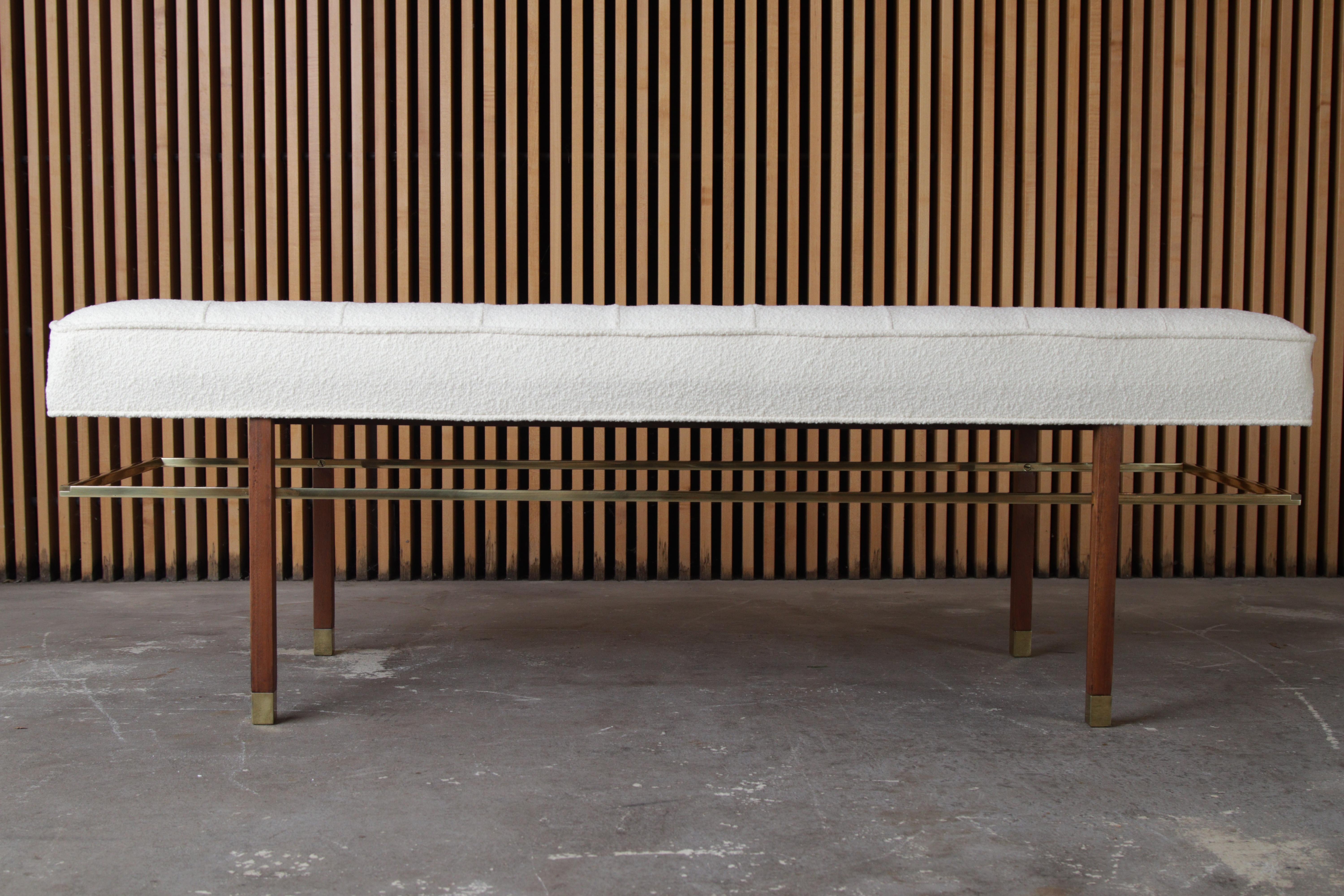 20th Century Harvey Probber Brass and Mahogany Bench in Boucle