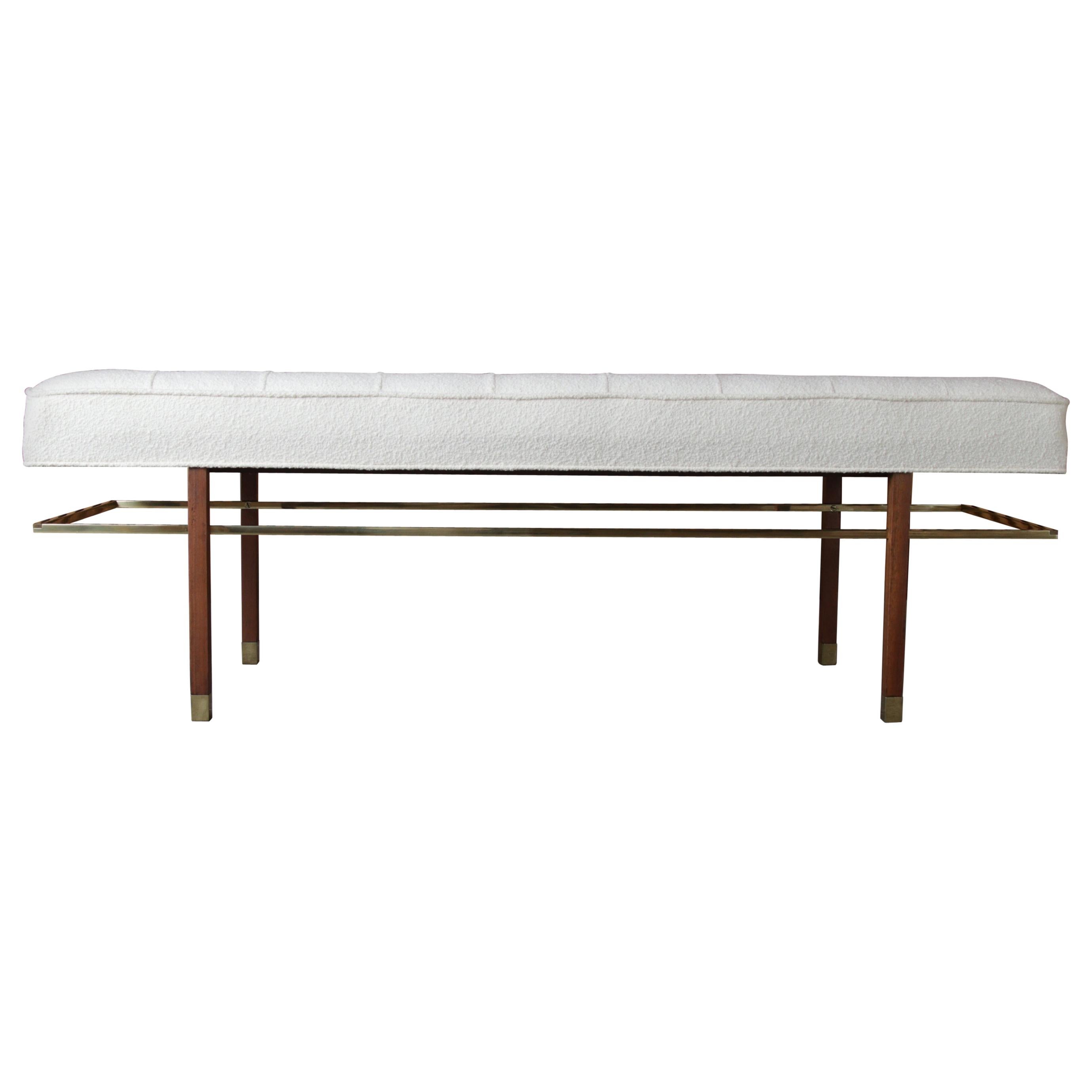 Harvey Probber Brass and Mahogany Bench in Boucle
