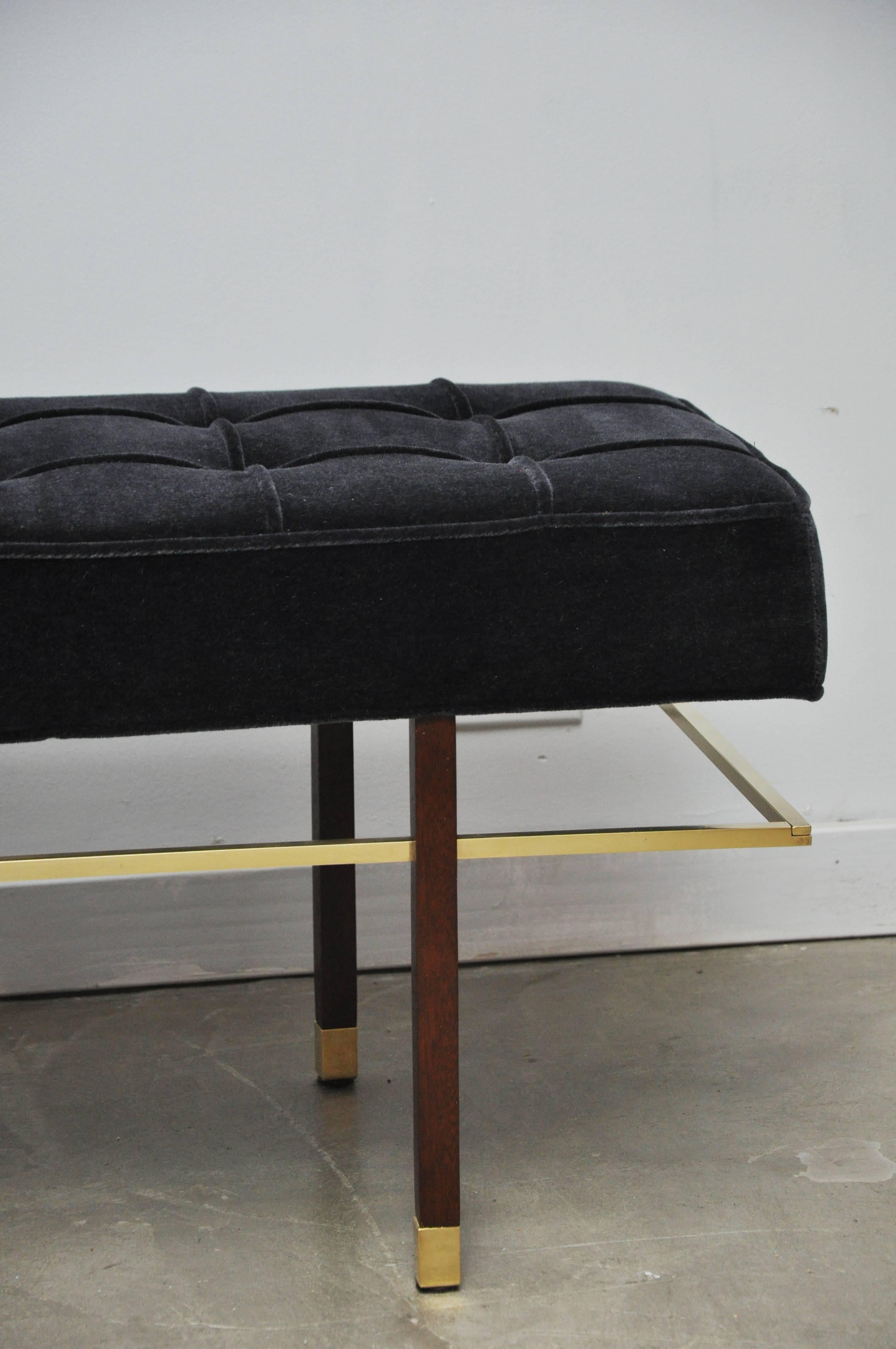 Beautiful walnut frame bench with brass stretchers by Harvey Probber. Fully restored and reupholstered in black mohair.