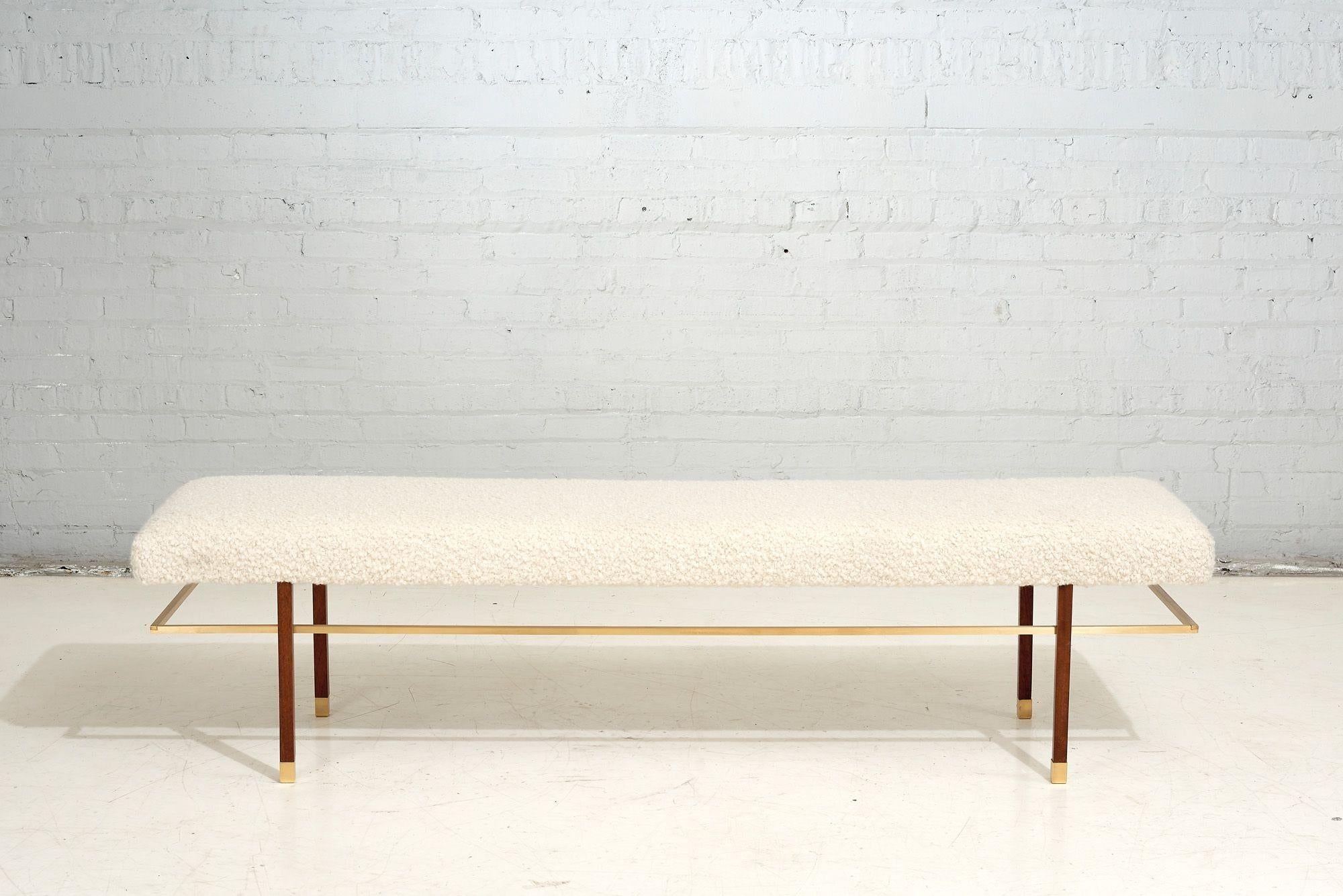 Harvey Probber brass frame bench in Boucle, 1950. Reupholstered in cream nubby boucle.