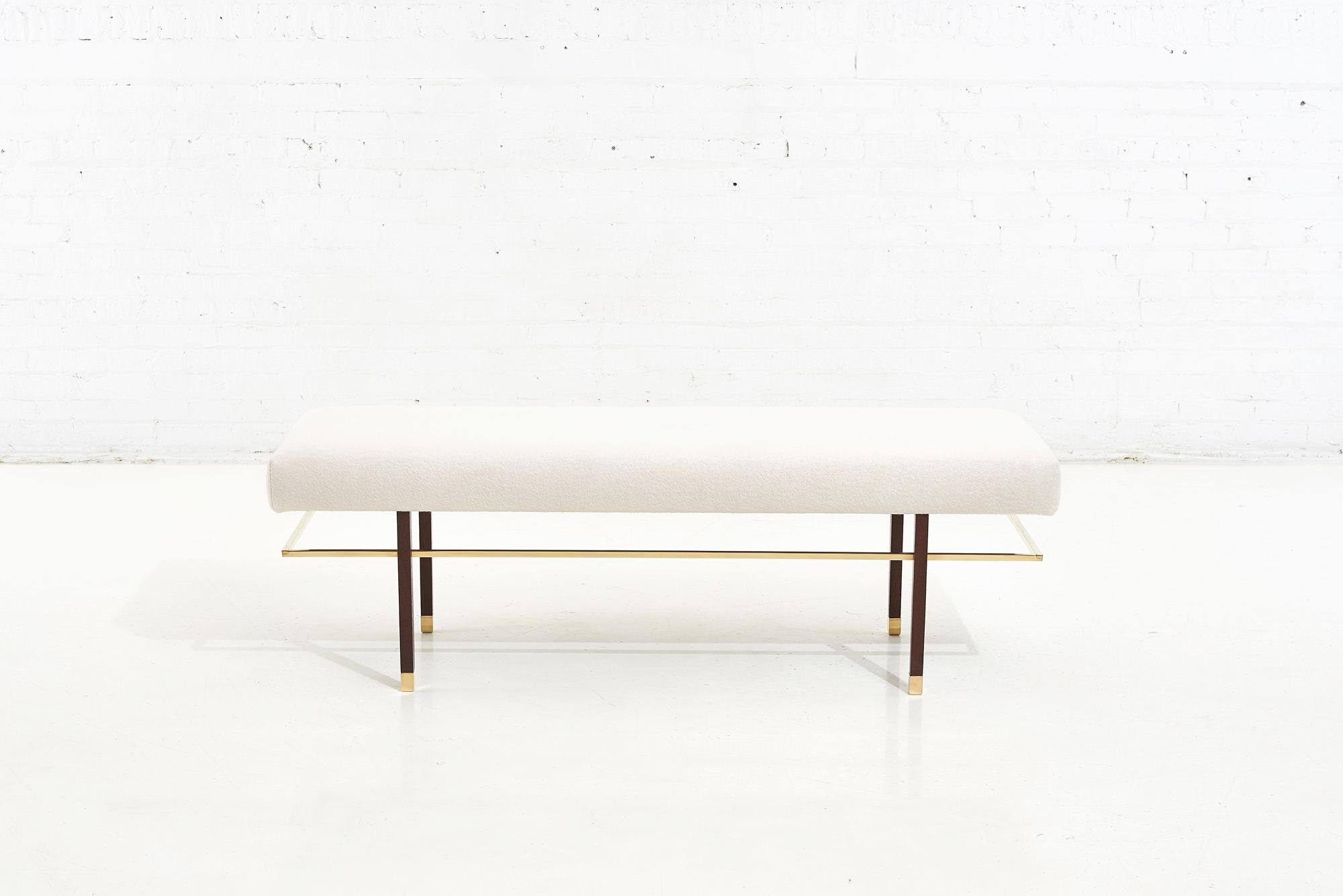 Harvey Probber brass frame bench in white boucle, 1950. Brass and mahogany frames. Fully restored and reupholstered in white boucle.