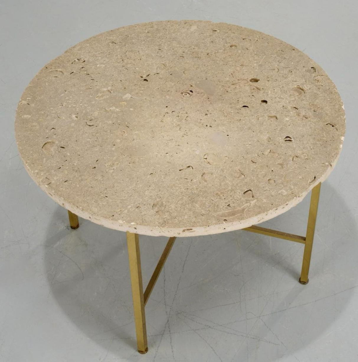 Harvey Probber, coquina and brass coffee table, c. 1950s, USA, round stone top, architectural polished brass base with square tube legs joined by stretchers, model 917B, 20