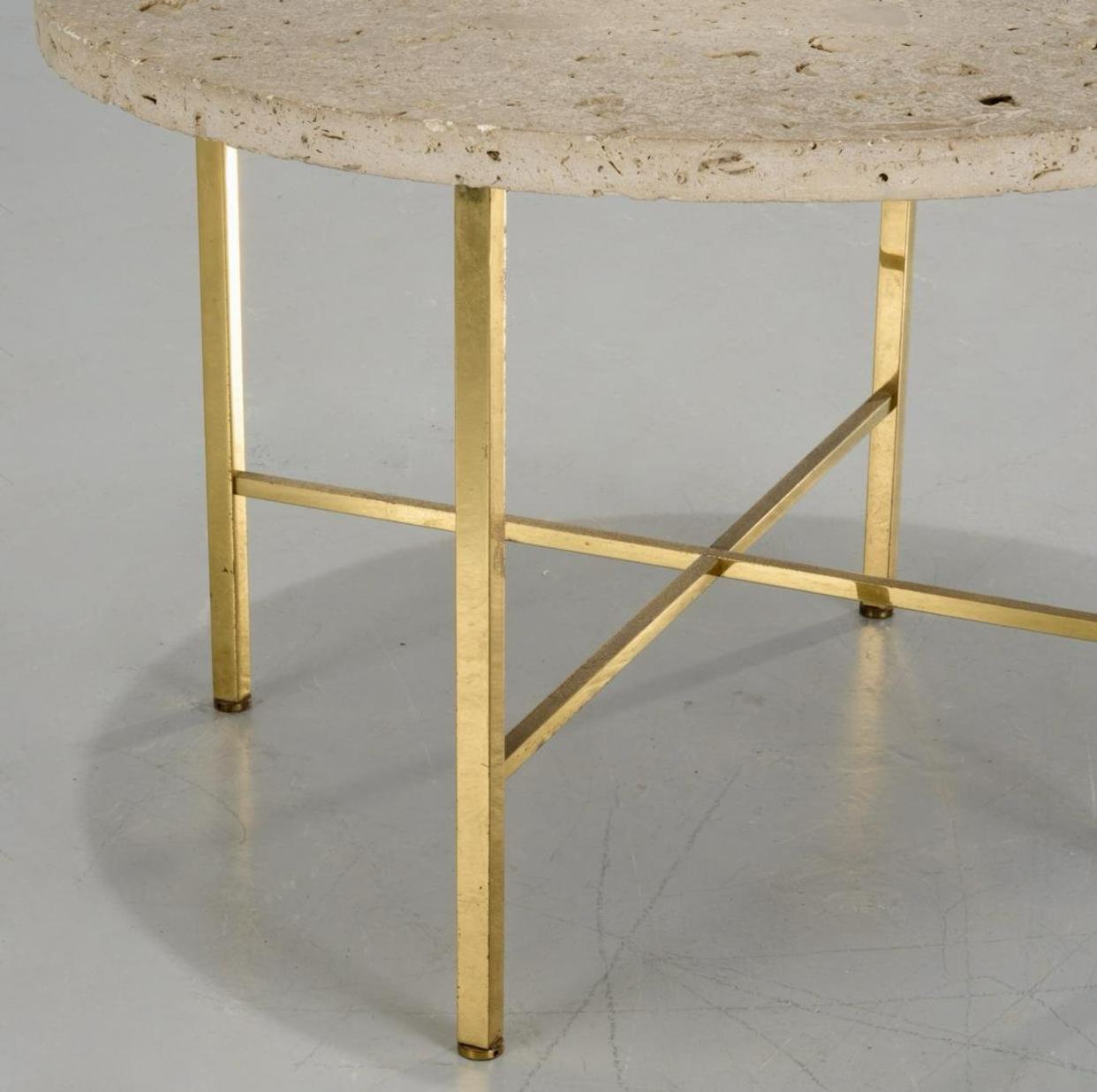American Harvey Probber Brass Square Stock and Coquina Marble Cocktail Table Circa 1950s For Sale