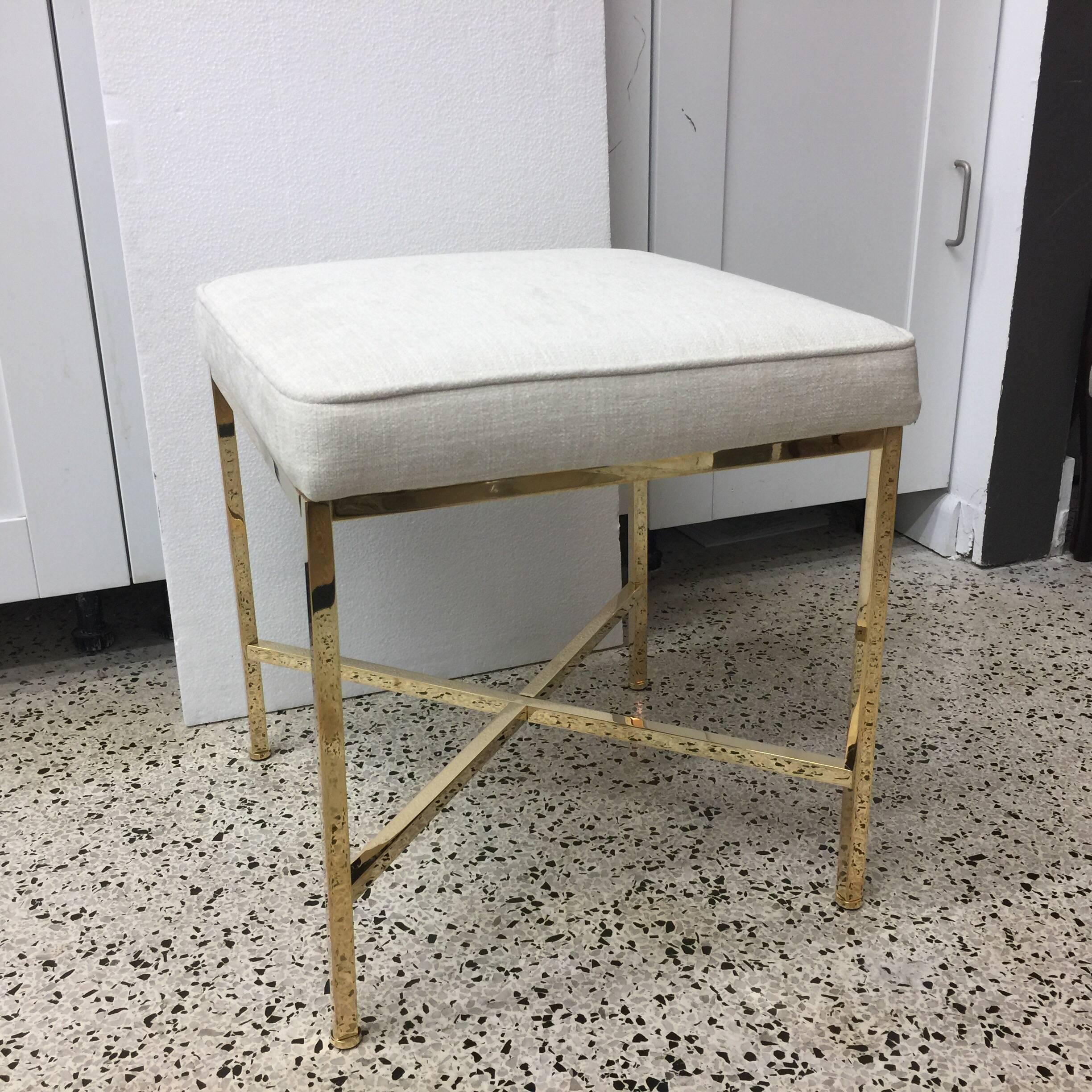This Classic vintage brass X-frame base bench by Harvey Probber has been polished and reupholstered.