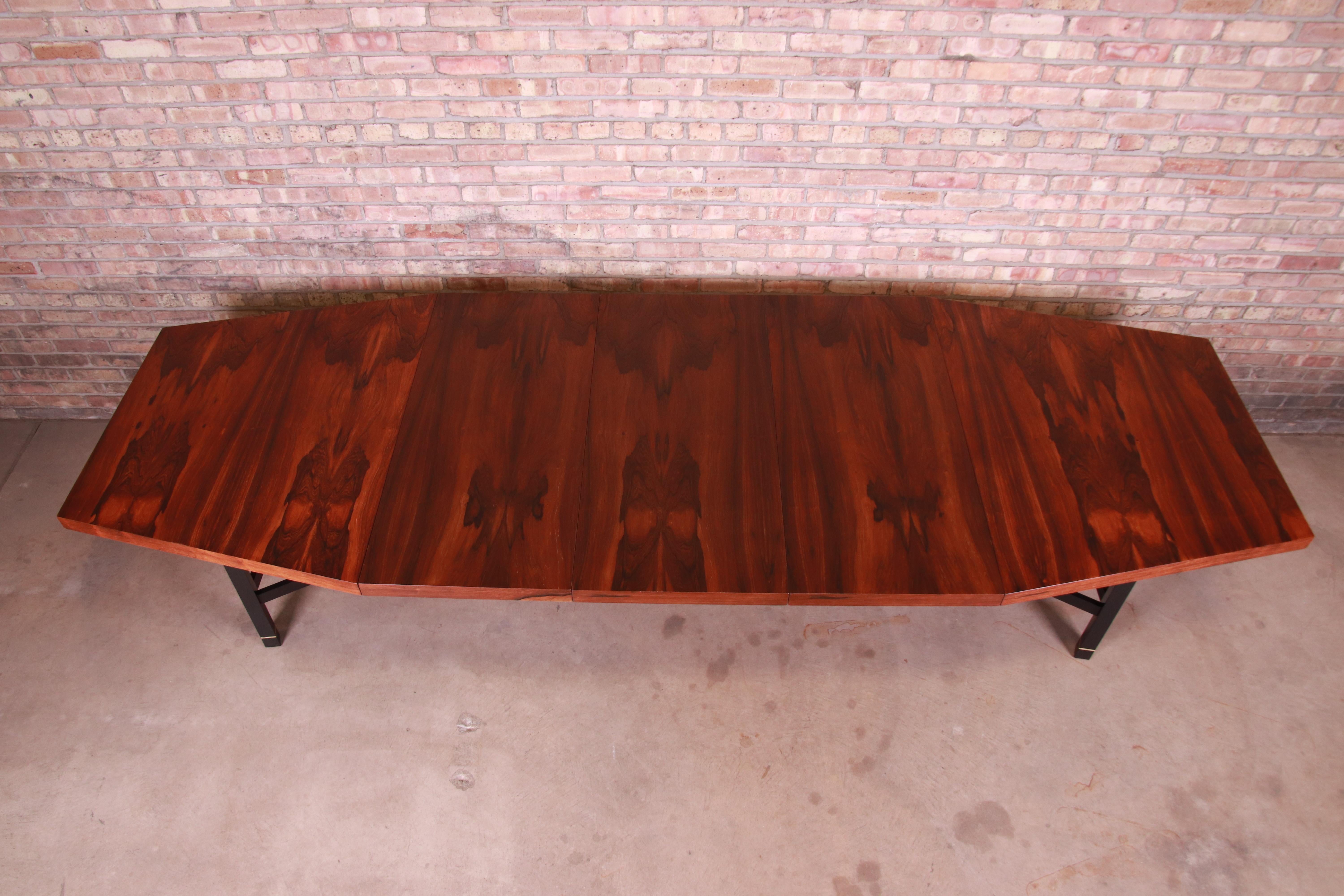 Brass Harvey Probber Brazilian Rosewood Boat-Shaped Extension Dining Table, Restored For Sale