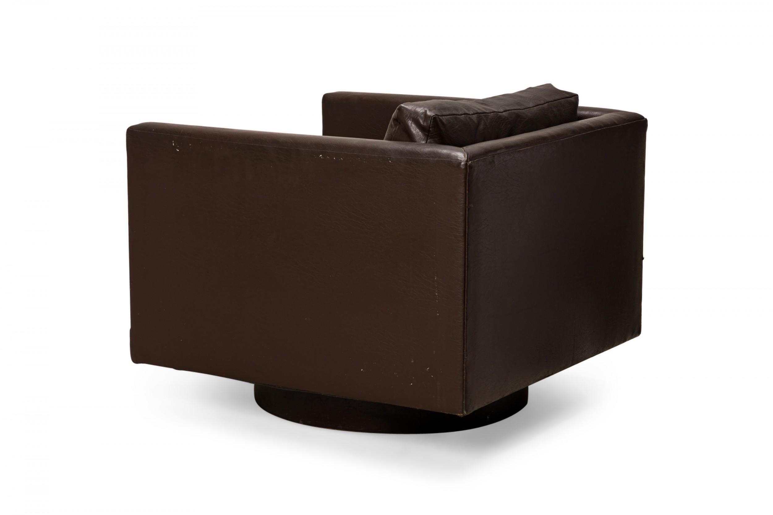 American Harvey Probber Brown Vinyl Upholstered Swivel Cube Lounge / Armchair For Sale