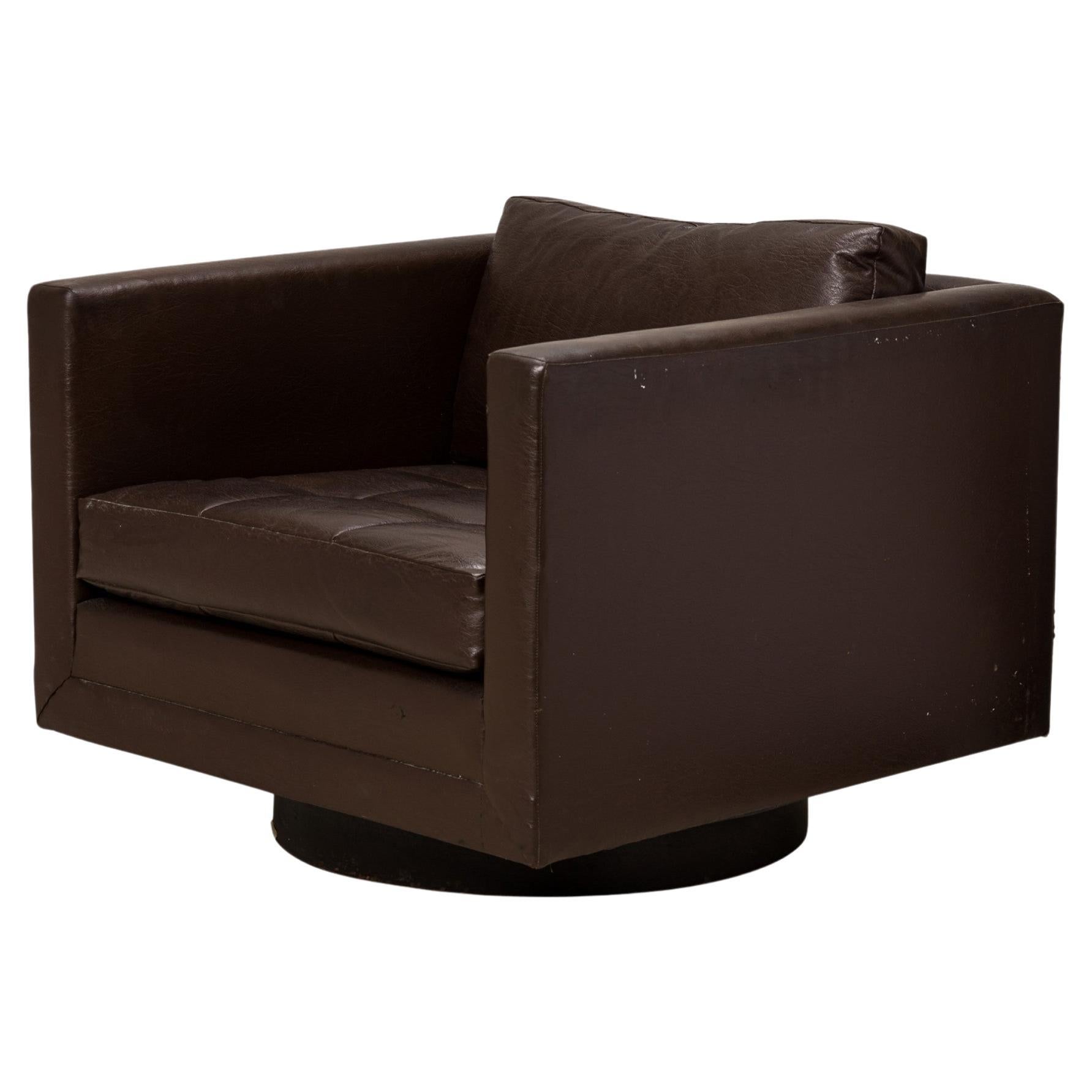 Harvey Probber Brown Vinyl Upholstered Swivel Cube Lounge / Armchair