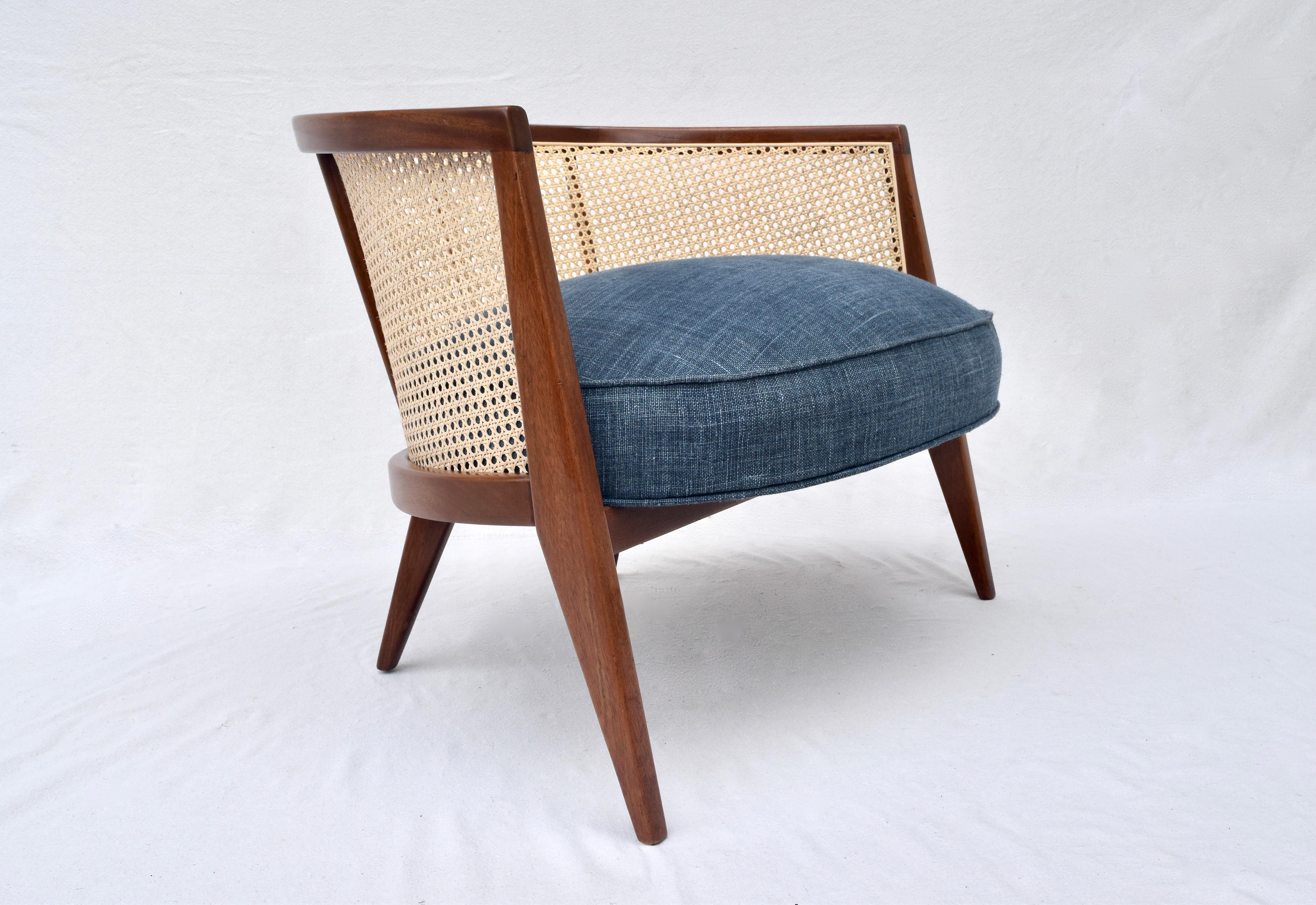 Harvey Probber Cane Barrel Lounge Chair in Indigo Belgian Linen 3