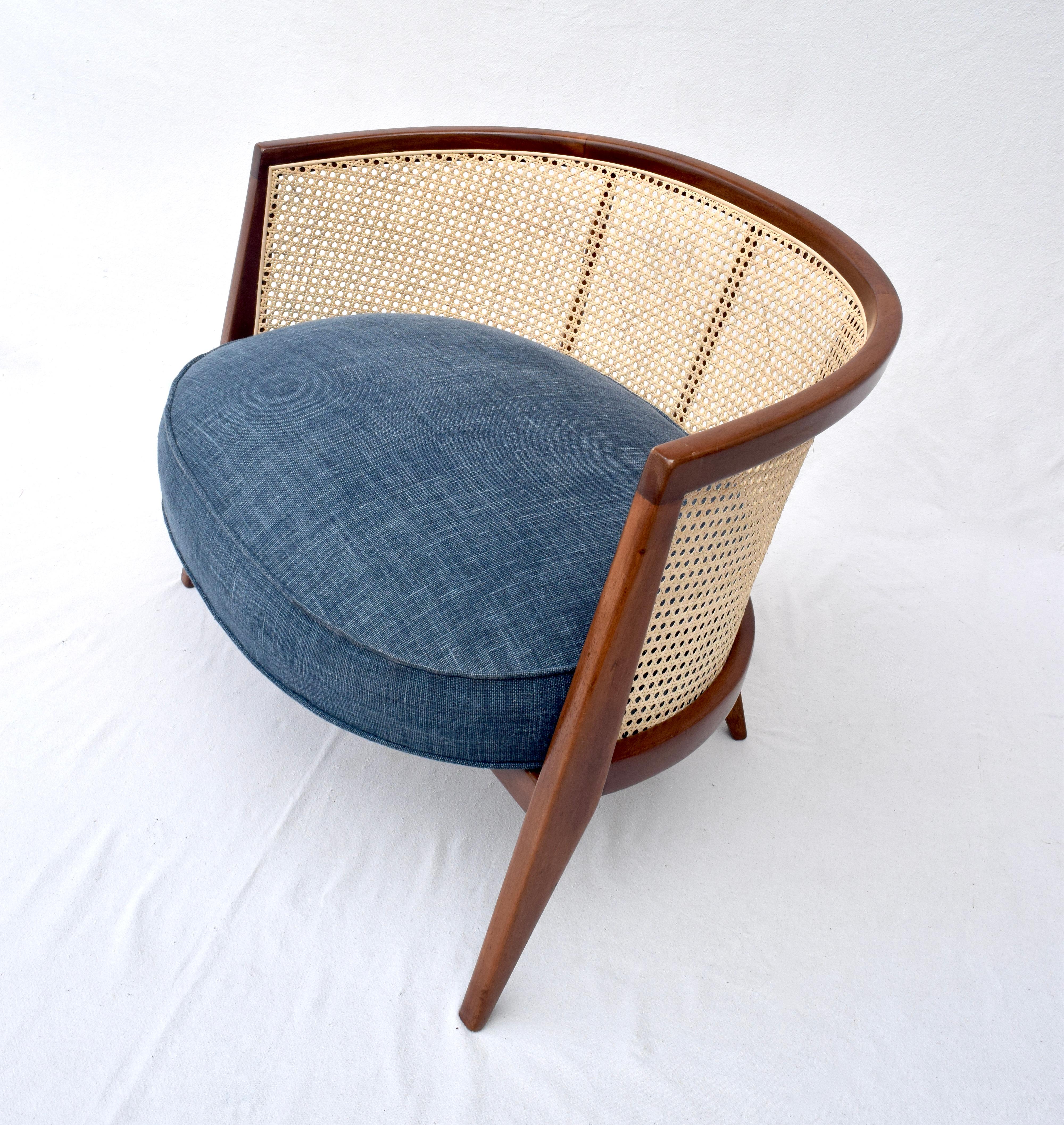 Harvey Probber Cane Barrel Lounge Chair in Indigo Belgian Linen 4