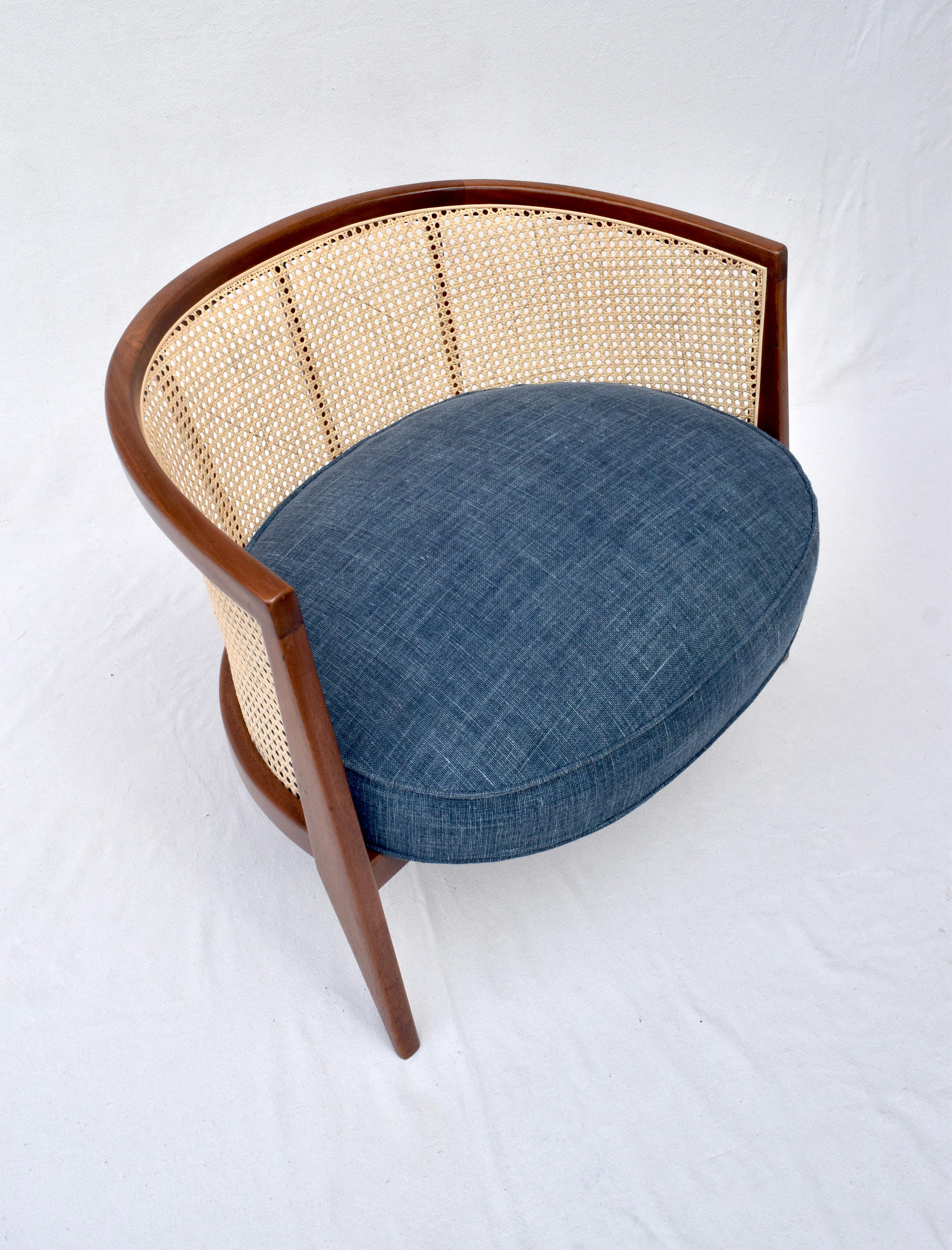 Harvey Probber Cane Barrel Lounge Chair in Indigo Belgian Linen 5