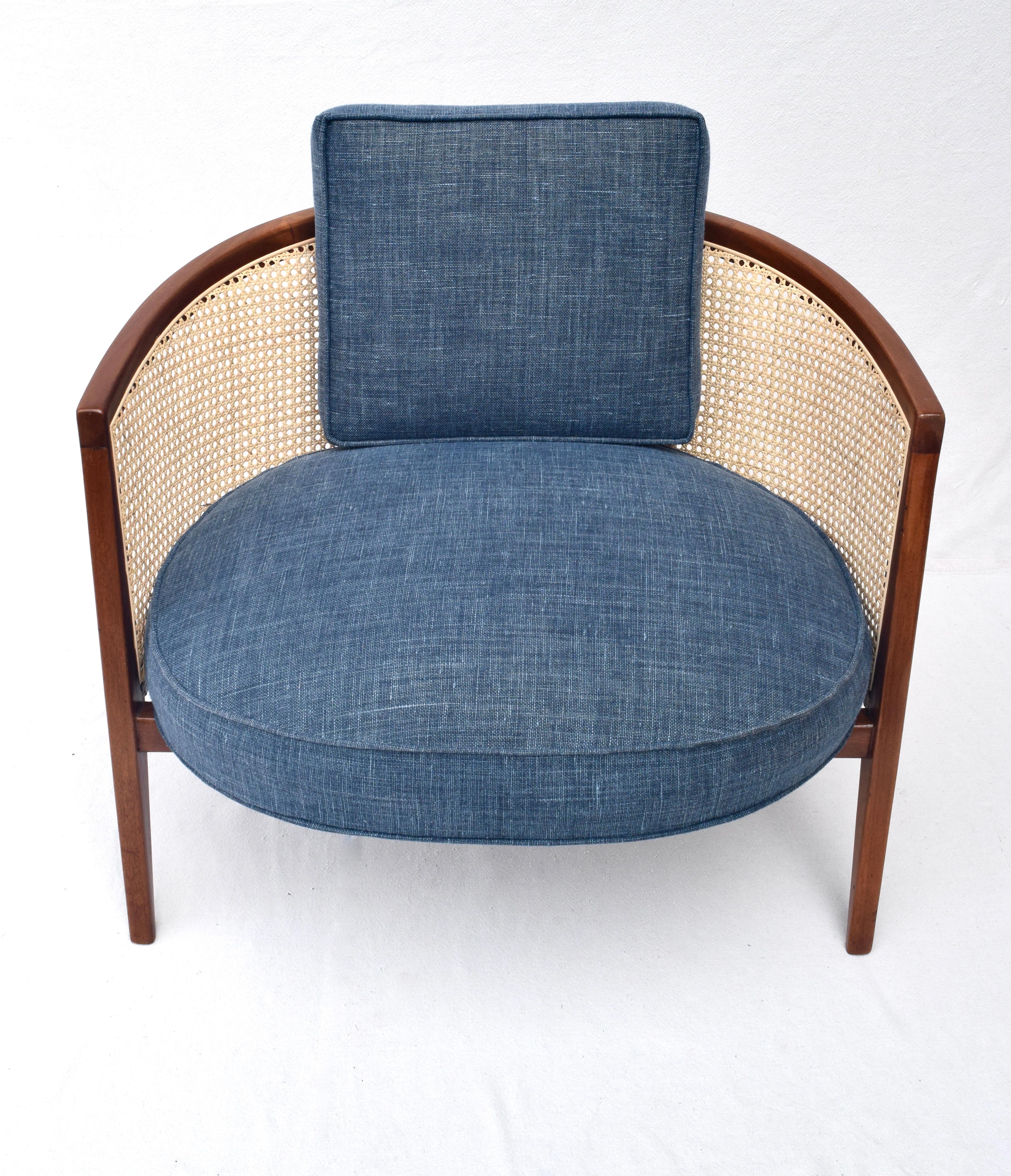 Mid-Century Modern Harvey Probber Cane Barrel Lounge Chair in Indigo Belgian Linen