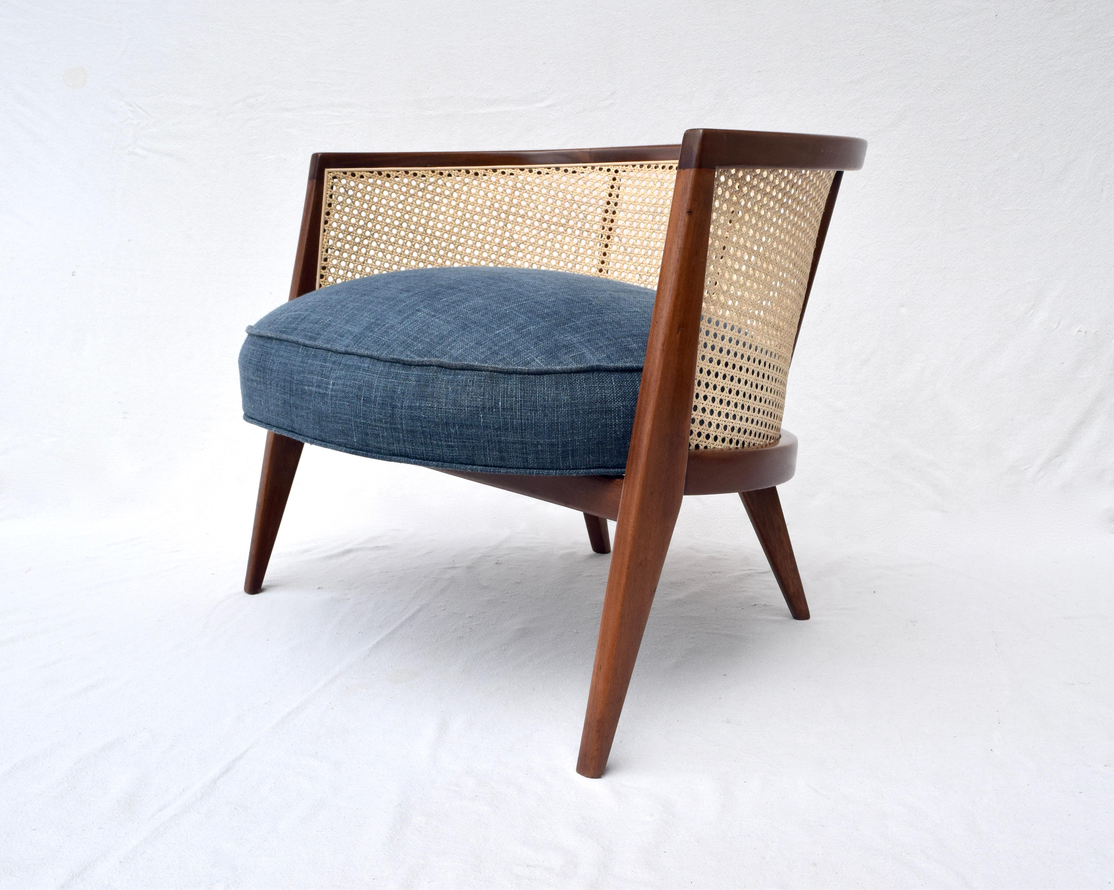 American Harvey Probber Cane Barrel Lounge Chair in Indigo Belgian Linen