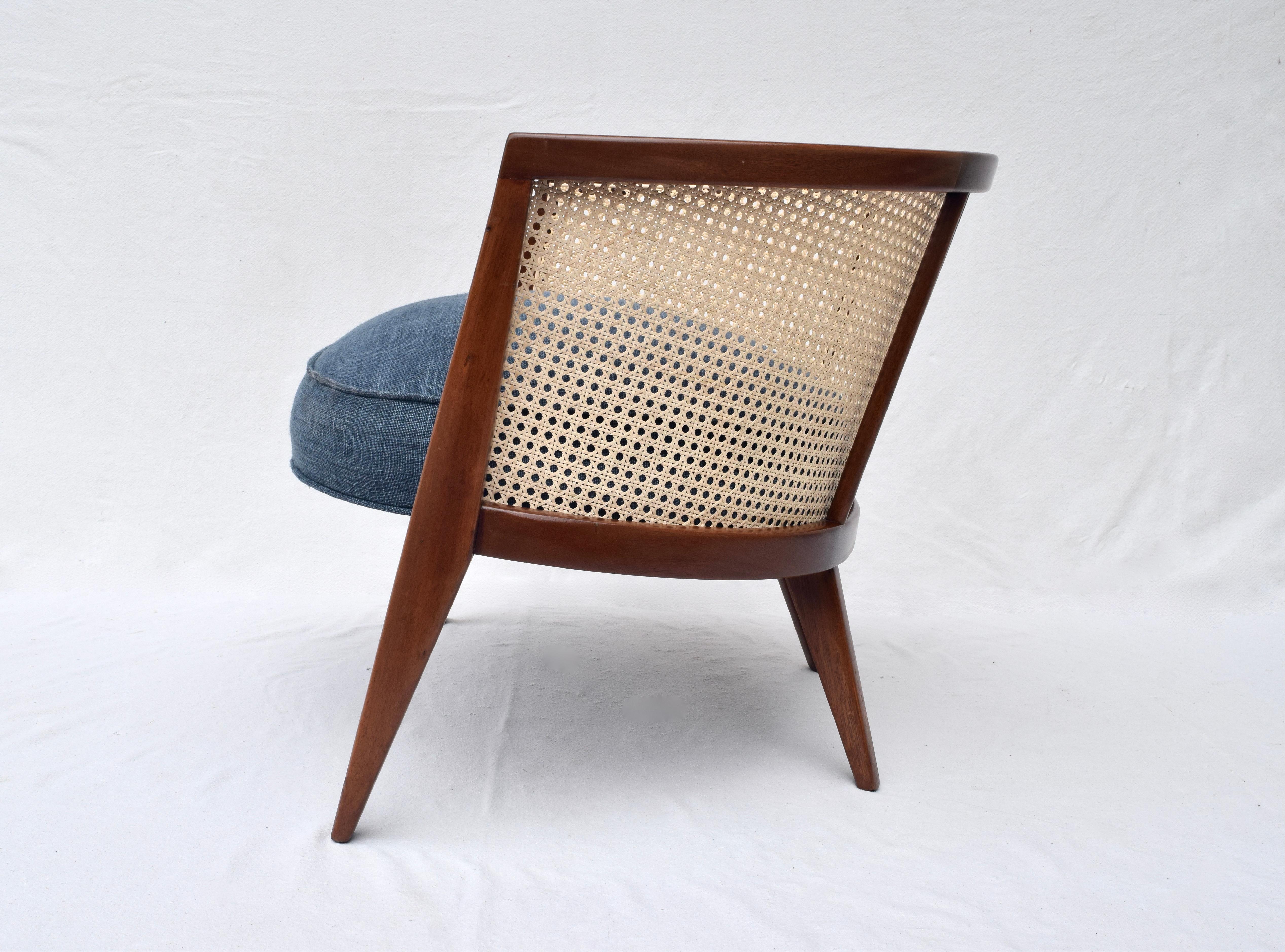 Caning Harvey Probber Cane Barrel Lounge Chair in Indigo Belgian Linen