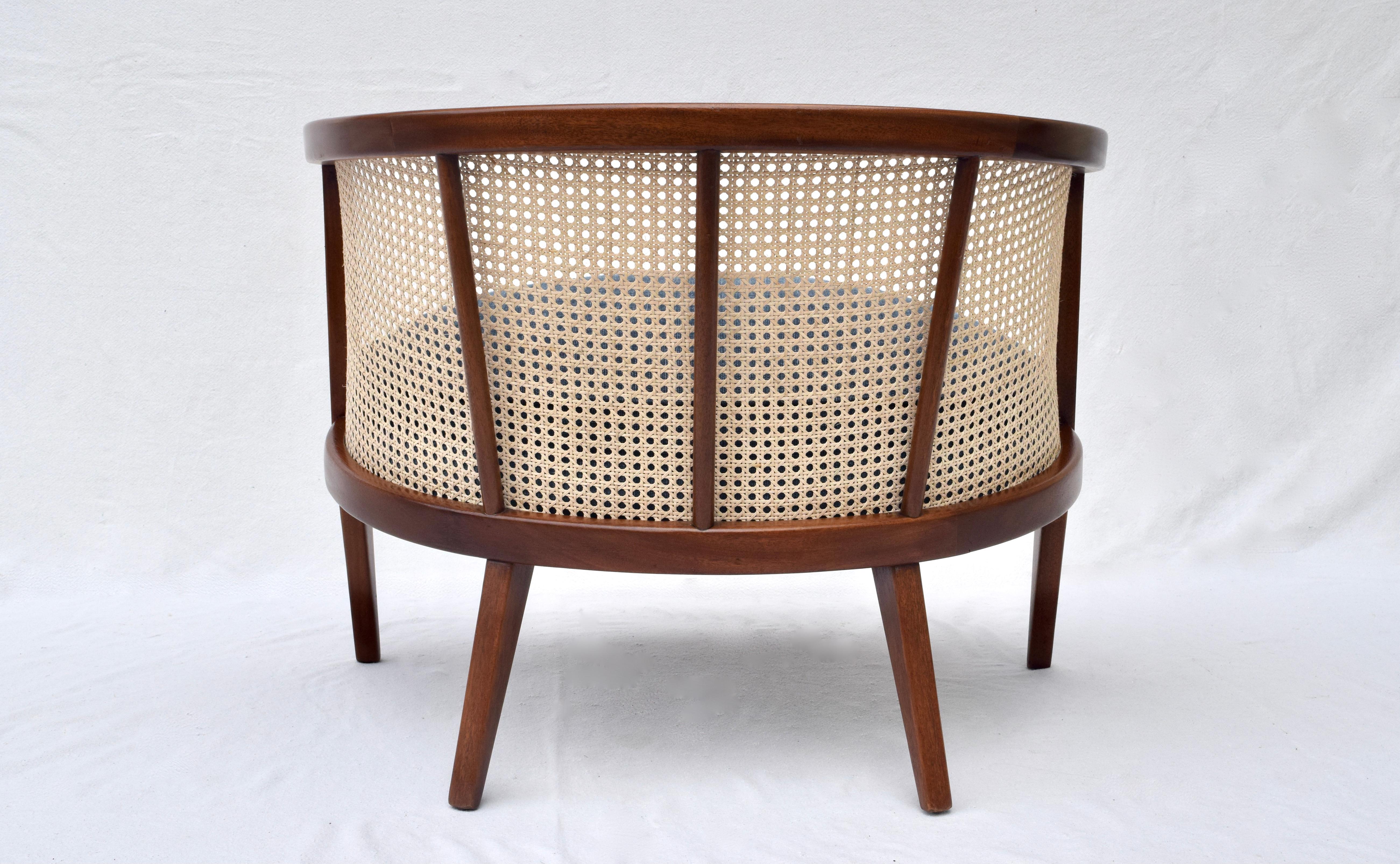 20th Century Harvey Probber Cane Barrel Lounge Chair in Indigo Belgian Linen