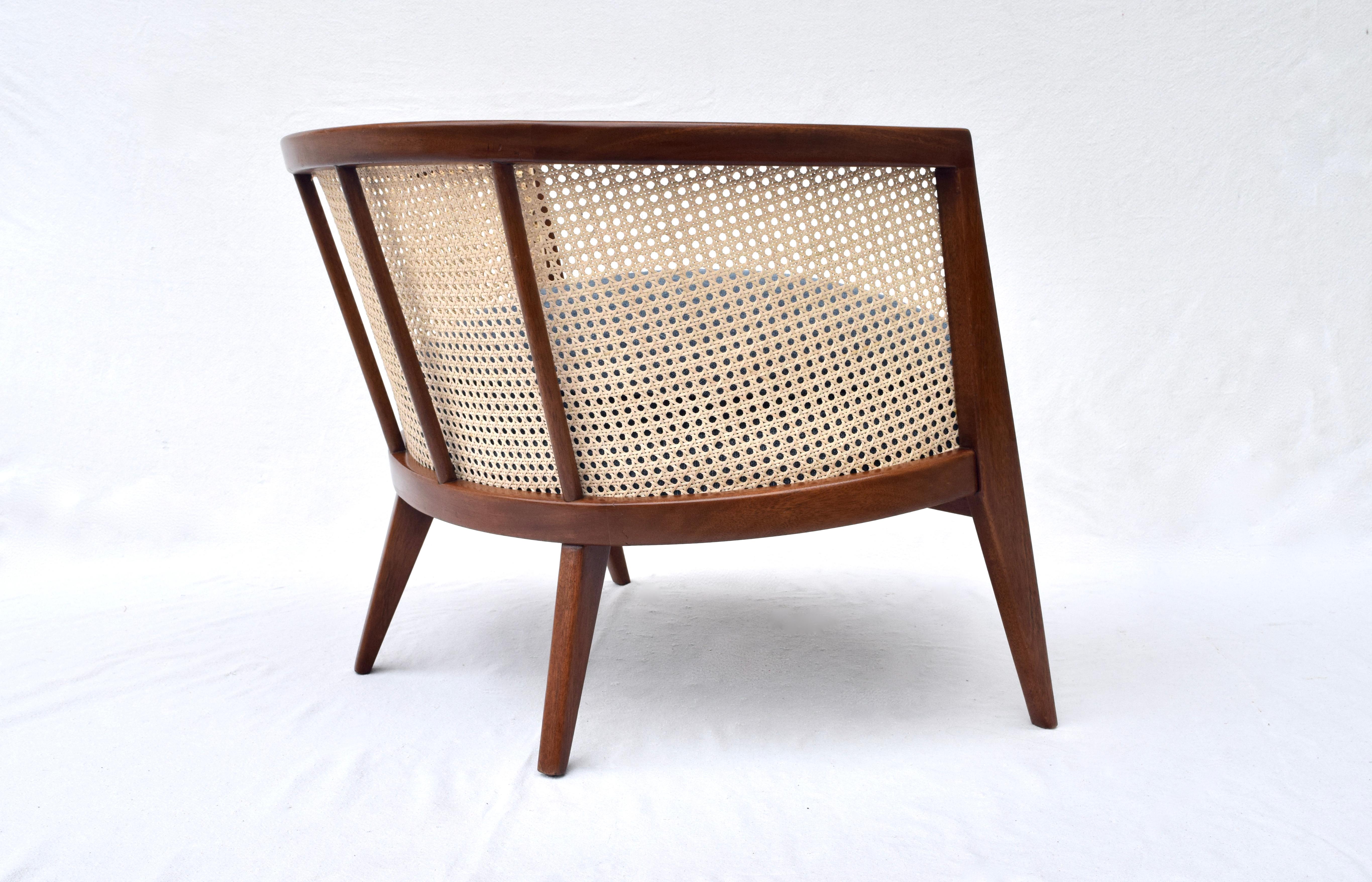 Harvey Probber Cane Barrel Lounge Chair in Indigo Belgian Linen 1