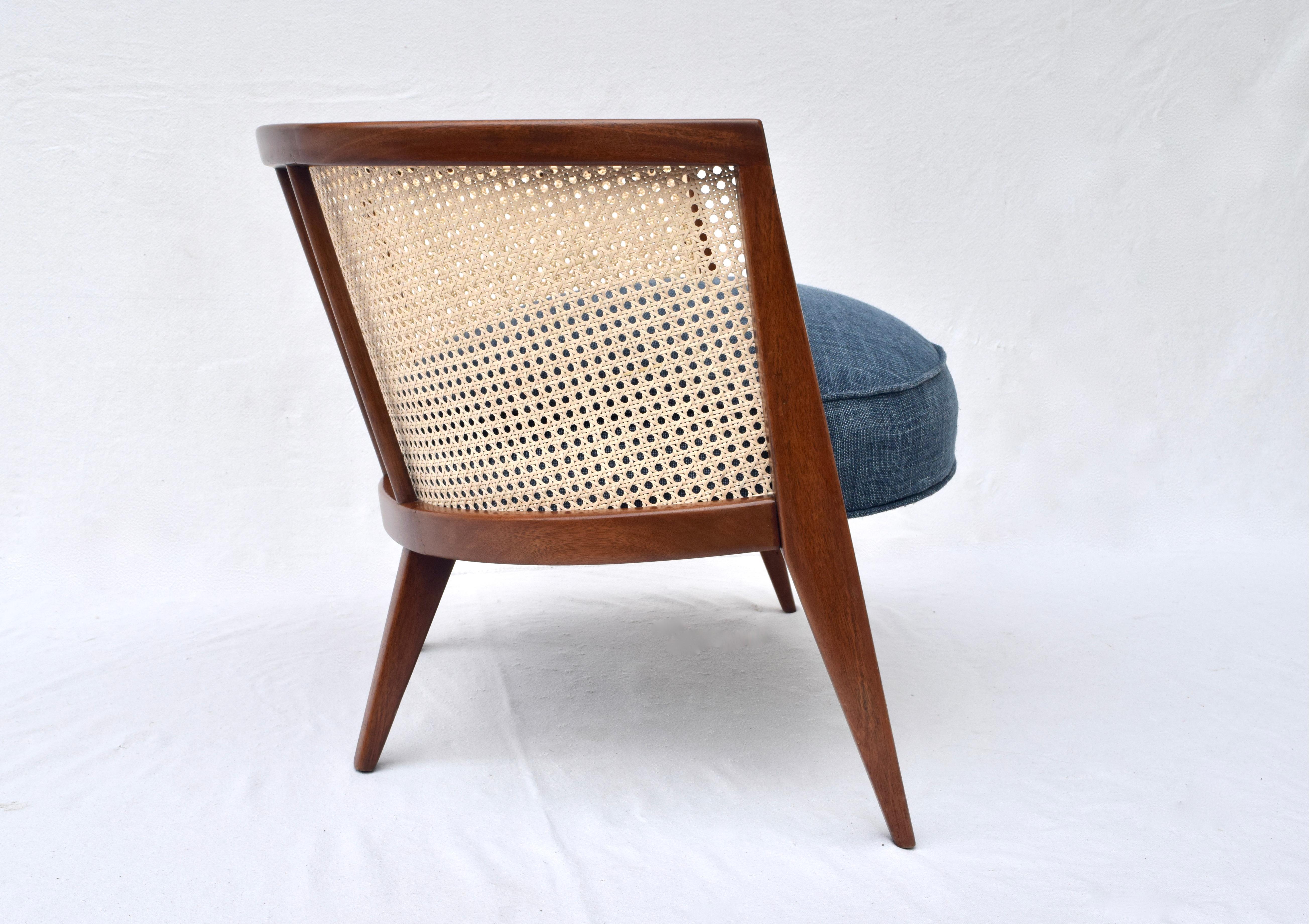 Harvey Probber Cane Barrel Lounge Chair in Indigo Belgian Linen 2