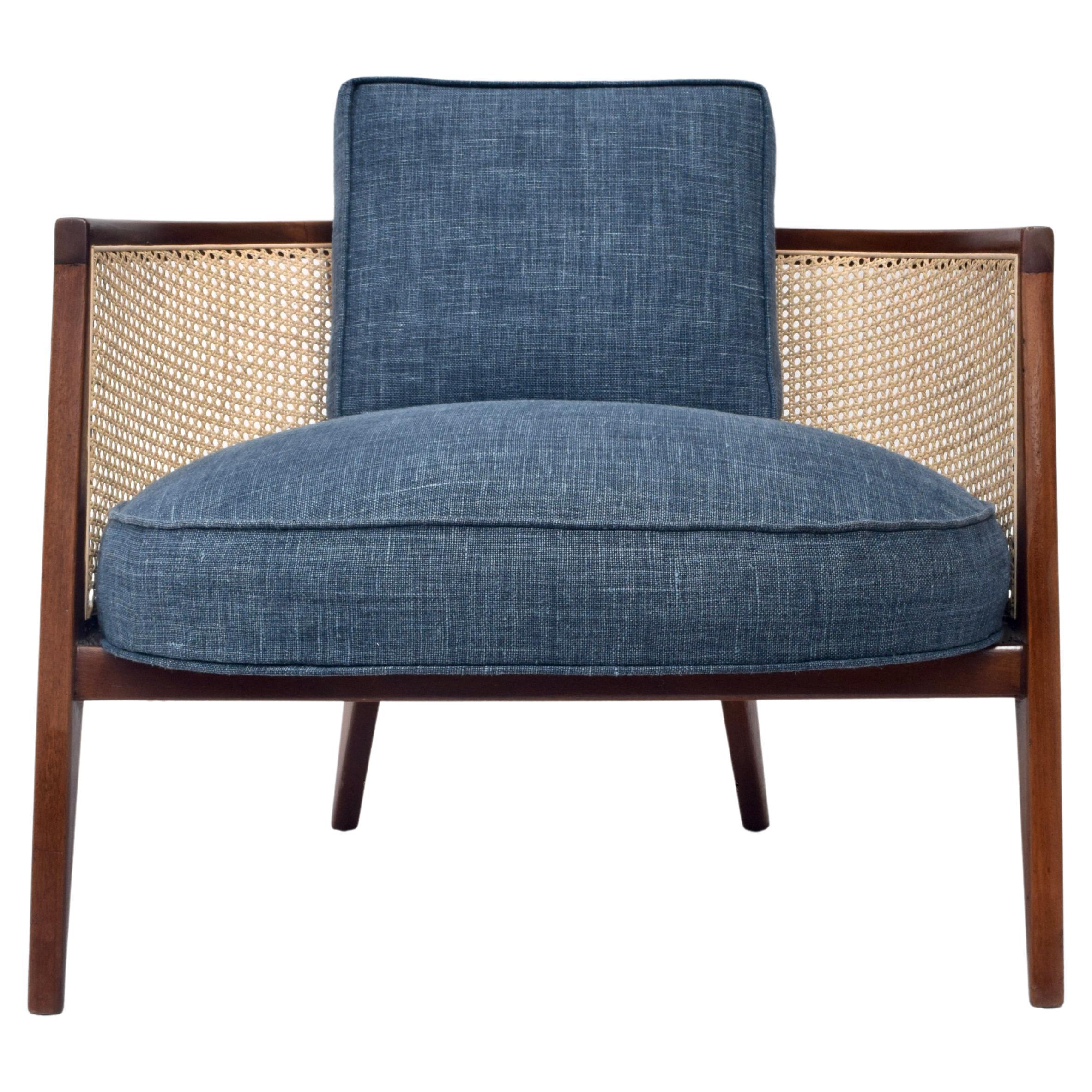 Harvey Probber Cane Barrel Lounge Chair in Indigo Belgian Linen