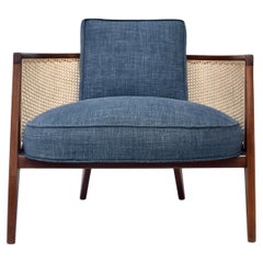 Retro Harvey Probber Cane Barrel Lounge Chair in Indigo Belgian Linen