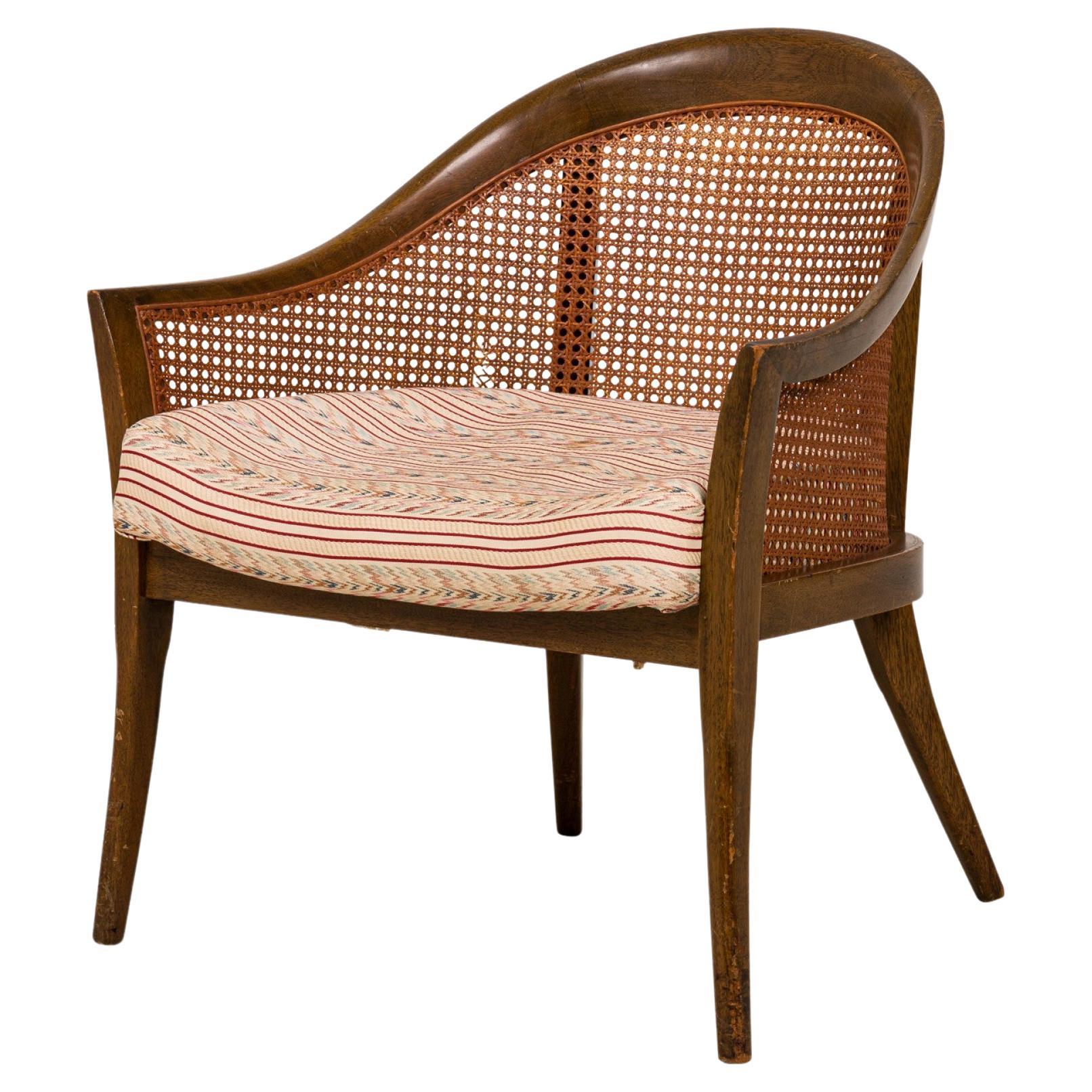 Harvey Probber, Caning, and Striped Upholstery Armchair For Sale