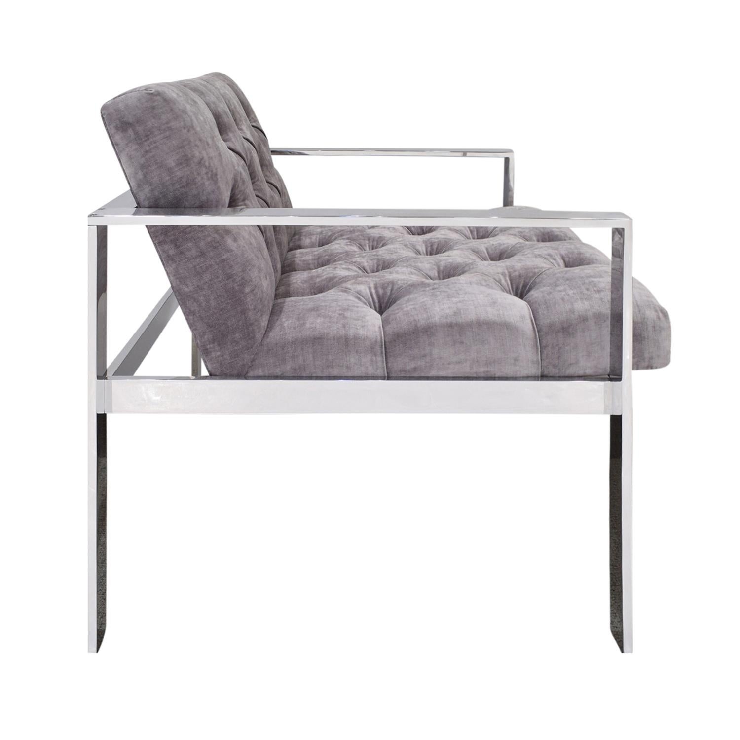 Lounge chair No. 1427A with polished aluminum frame and diamond tufted seat and back by Harvey Probber, American 1960’s. Aluminum polished and reupholstered in velvet by Lobel Modern. 

This lounge chair was part of the retrospective at the New York