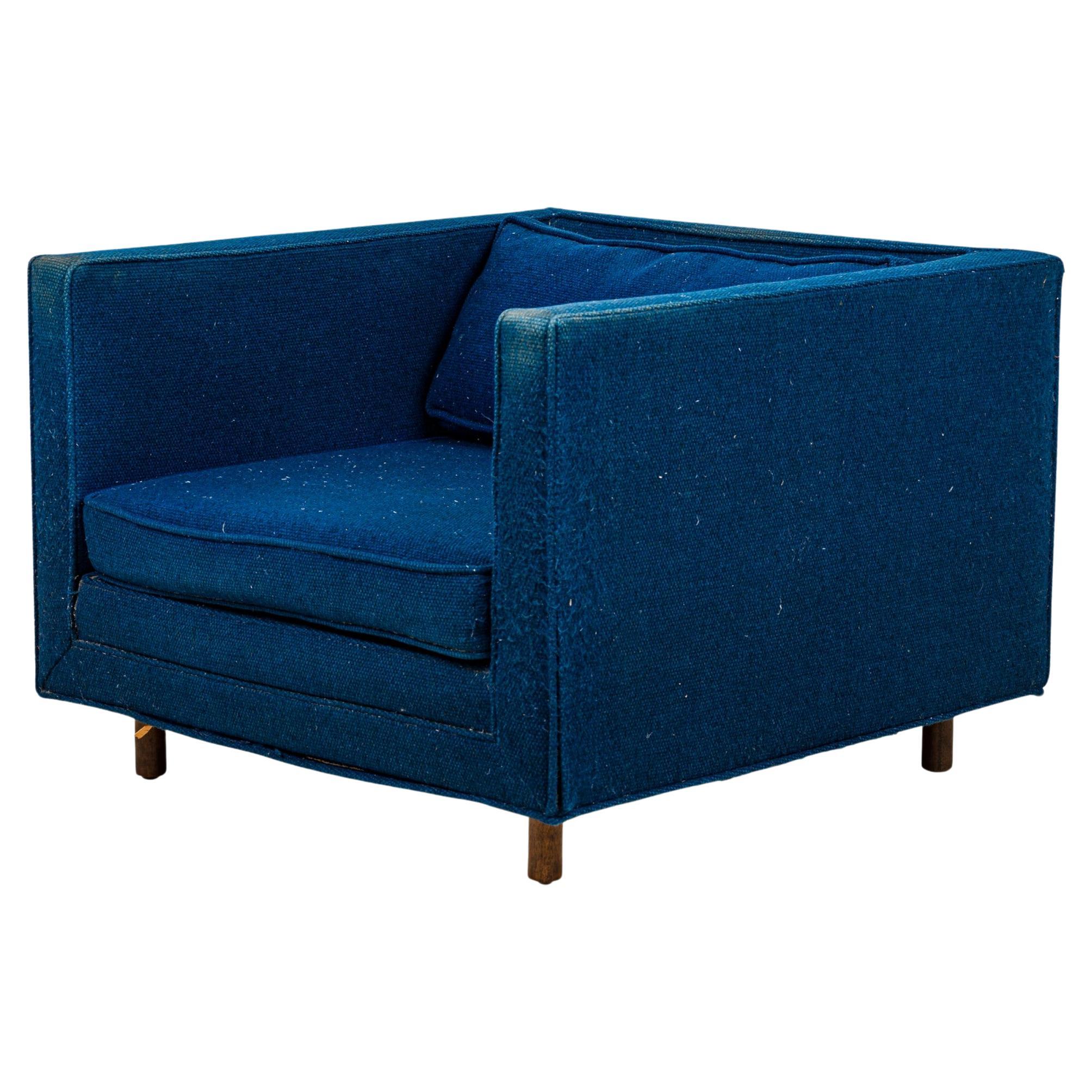 Harvey Probber Cube Form Blue Textured Fabric Upholstered Lounge / Armchair For Sale