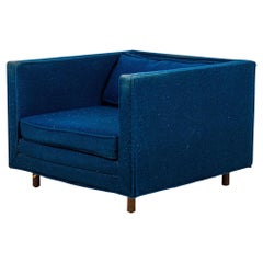 Harvey Probber Cube Form Blue Textured Fabric Upholstered Lounge / Armchair