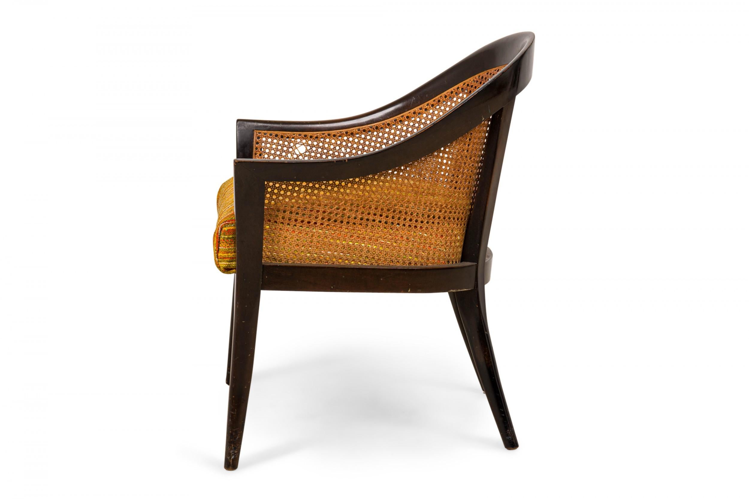 Mid-Century Modern Harvey Probber Dark Wood, Caning, and Striped Upholstery Armchair For Sale