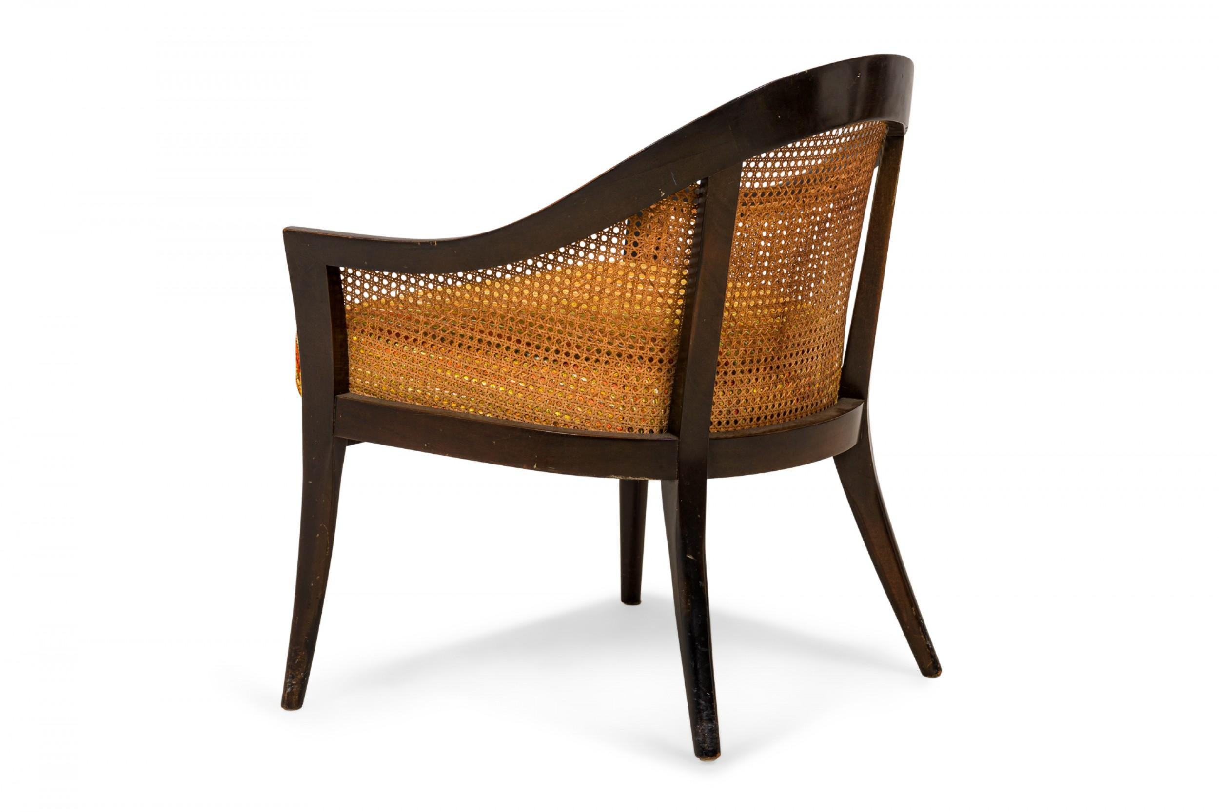 American Harvey Probber Dark Wood, Caning, and Striped Upholstery Armchair For Sale