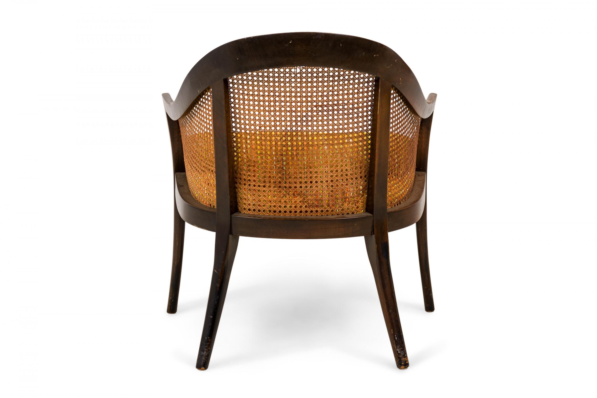 Harvey Probber Dark Wood, Caning, and Striped Upholstery Armchair In Good Condition For Sale In New York, NY