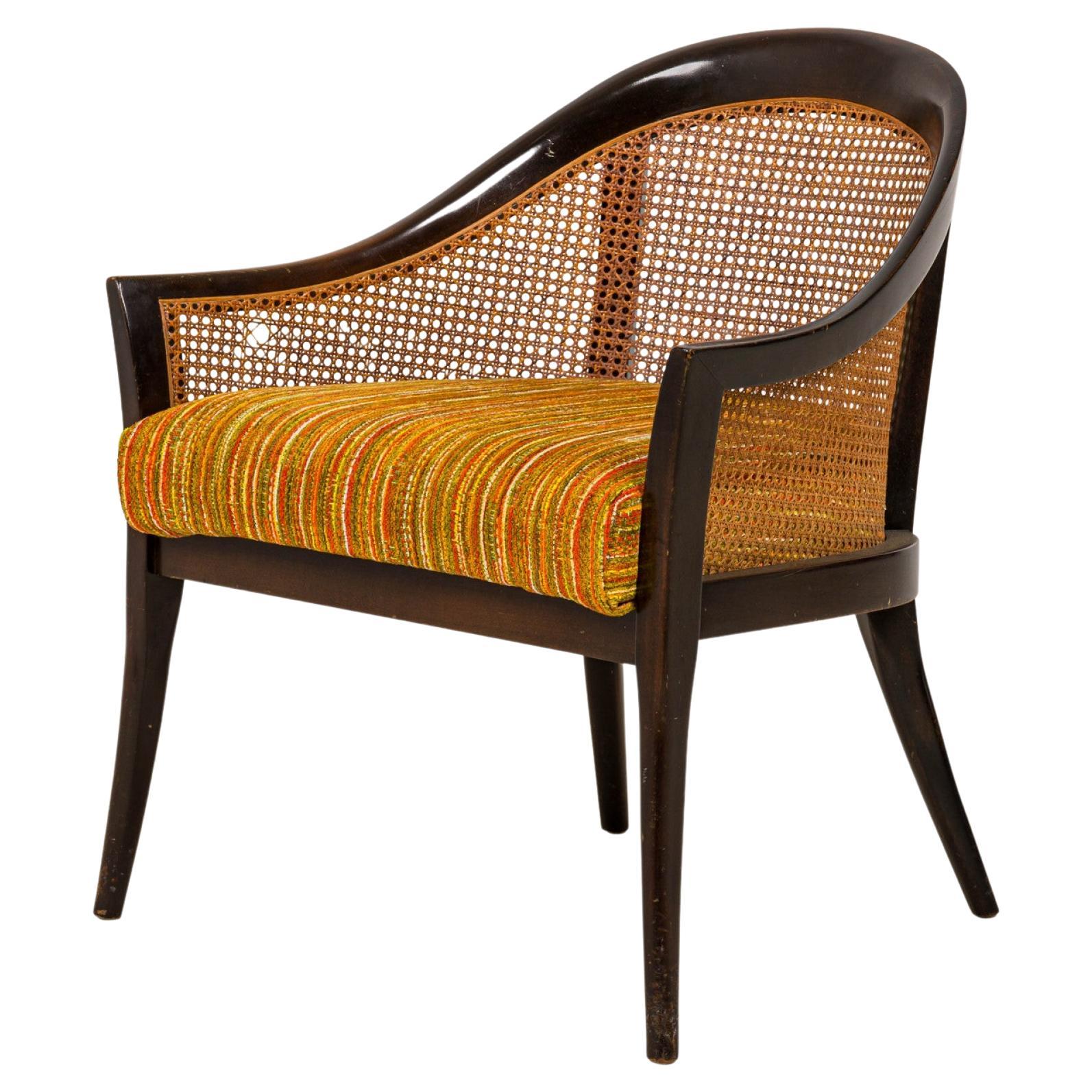 Harvey Probber Dark Wood, Caning, and Striped Upholstery Armchair For Sale