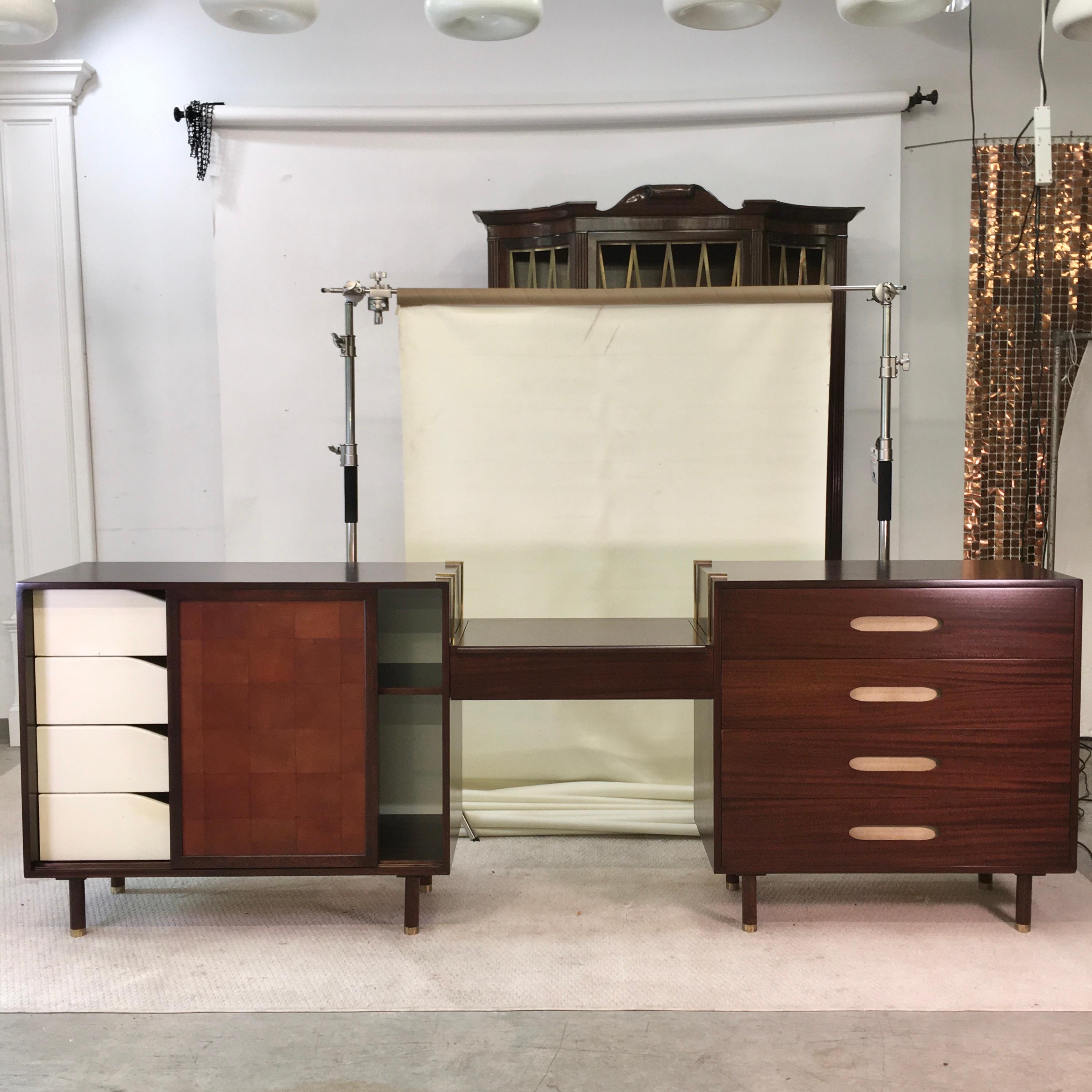 American Harvey Probber Double Chest and Vanity with Leather and Brass For Sale