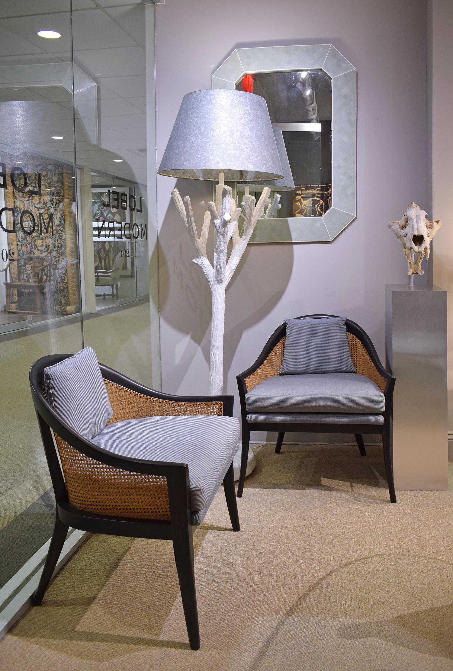 Fabric Harvey Probber Elegant Pair of Lounge Chairs with Caned Backs and Sides, 1950s