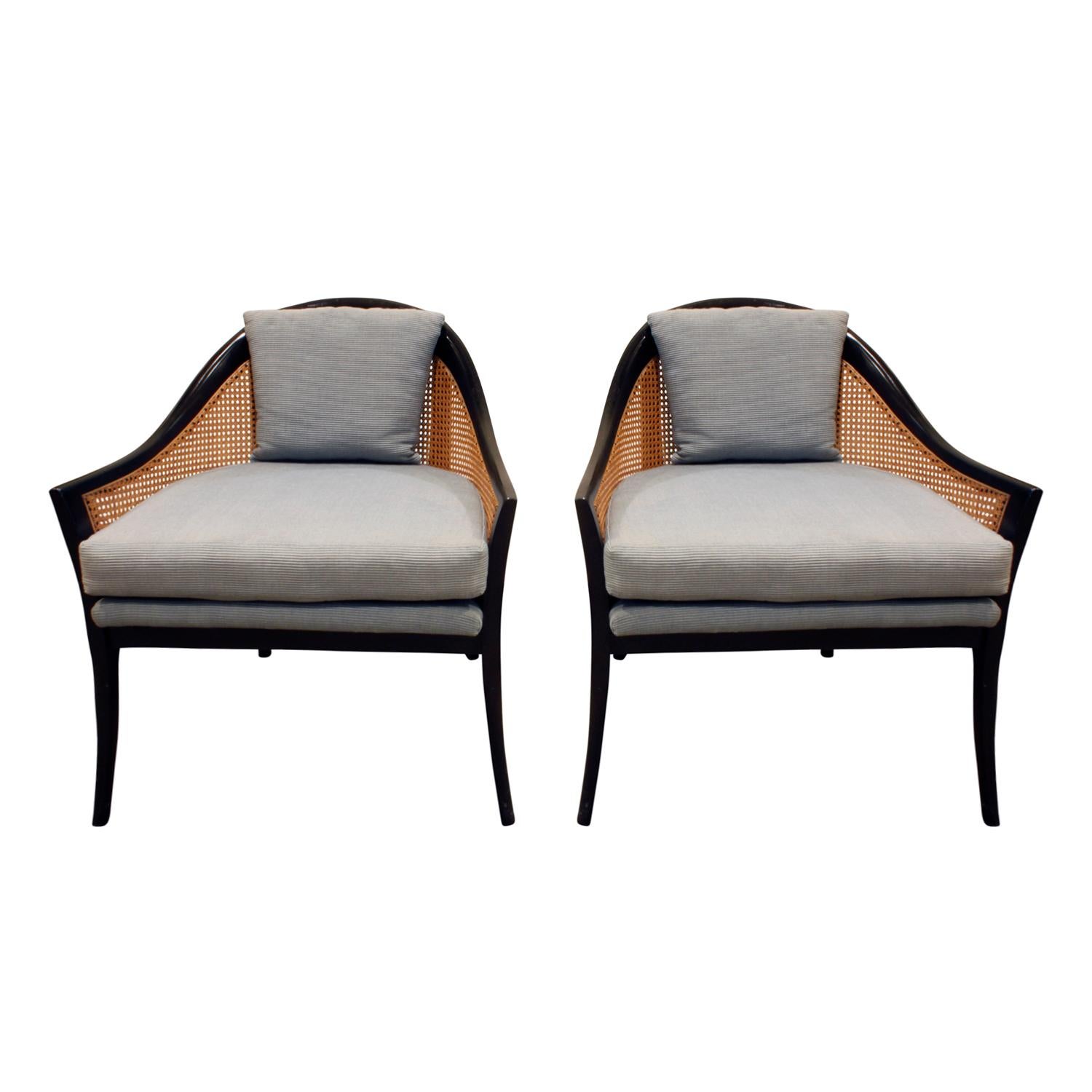 Harvey Probber Elegant Pair of Lounge Chairs with Caned Backs and Sides, 1950s