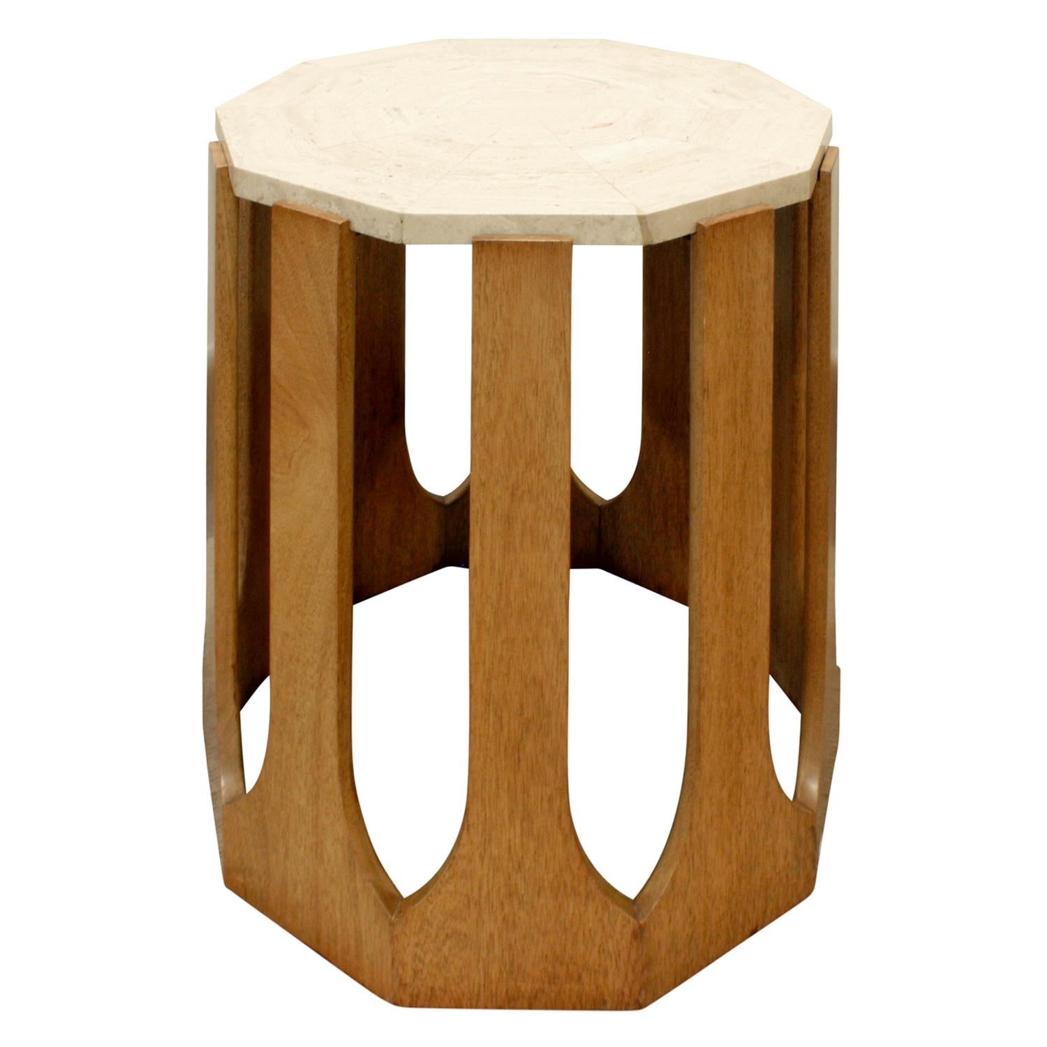 Sculptural end table model no. 1132 in mahogany with pie cut Italian travertine top by Harvey Probber, American, 1950s.