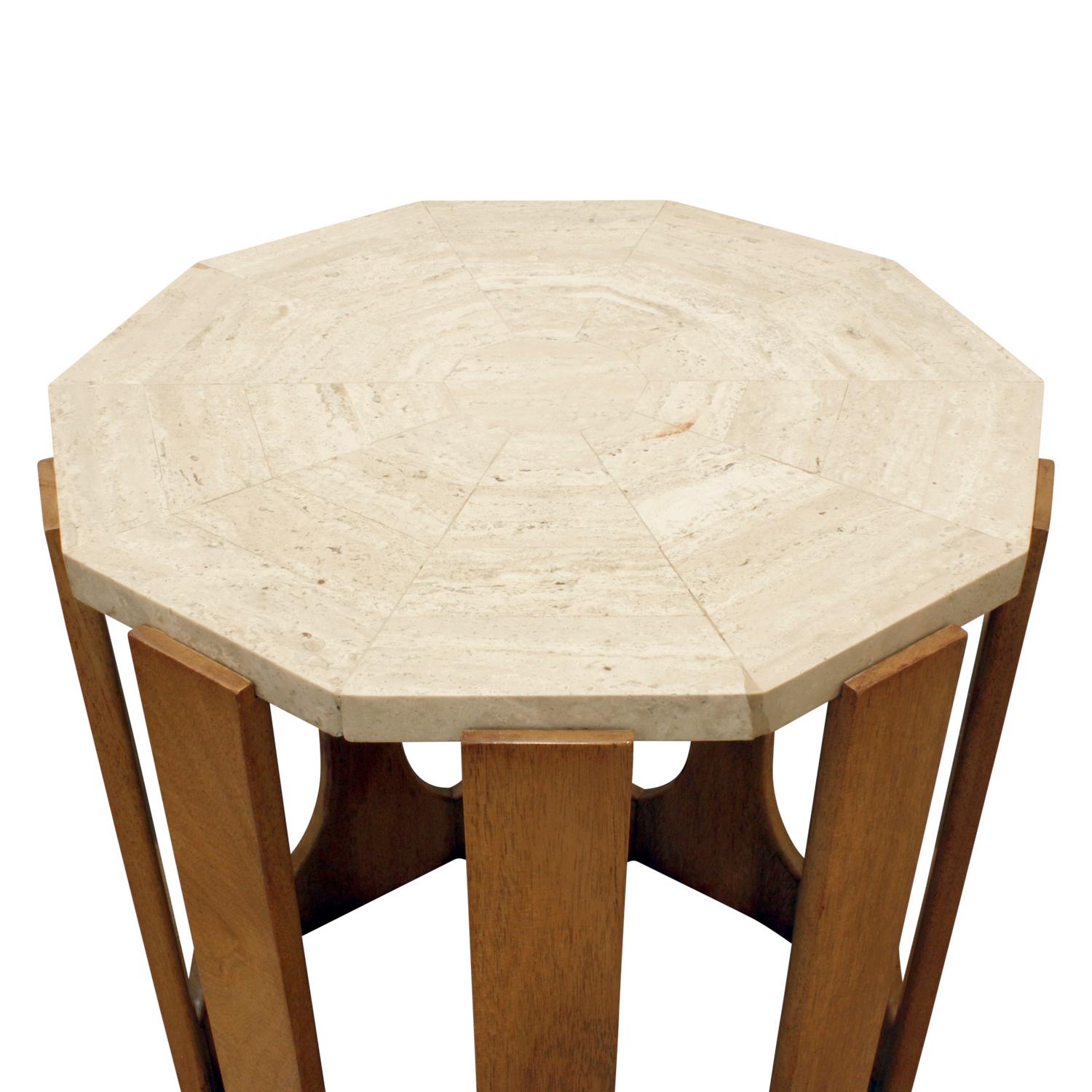 American Harvey Probber End Table with Mahogany Base and Travertine Top, 1950s
