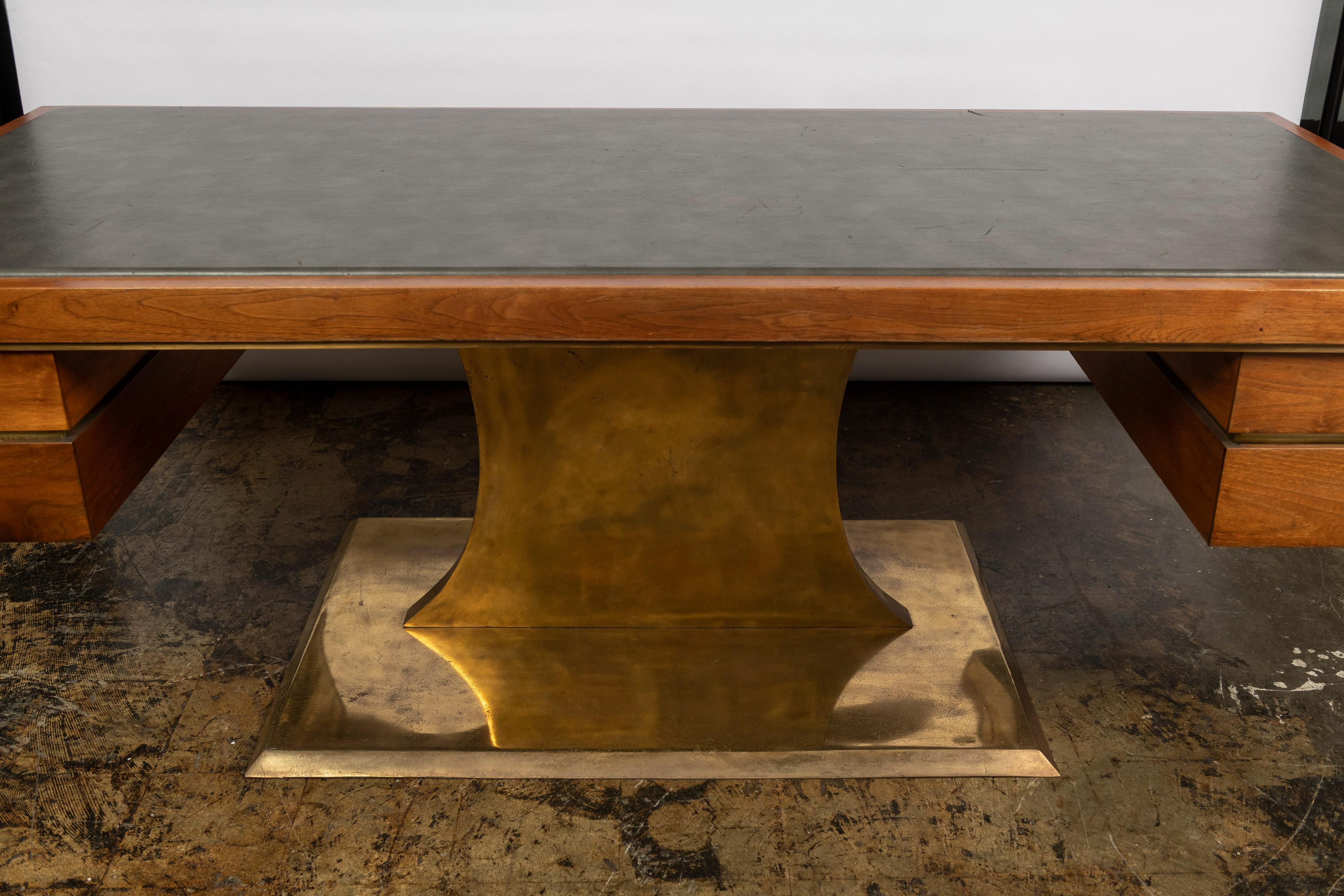 Brass Harvey Probber Executive Pedestal Desk with Polished Walnut Top For Sale