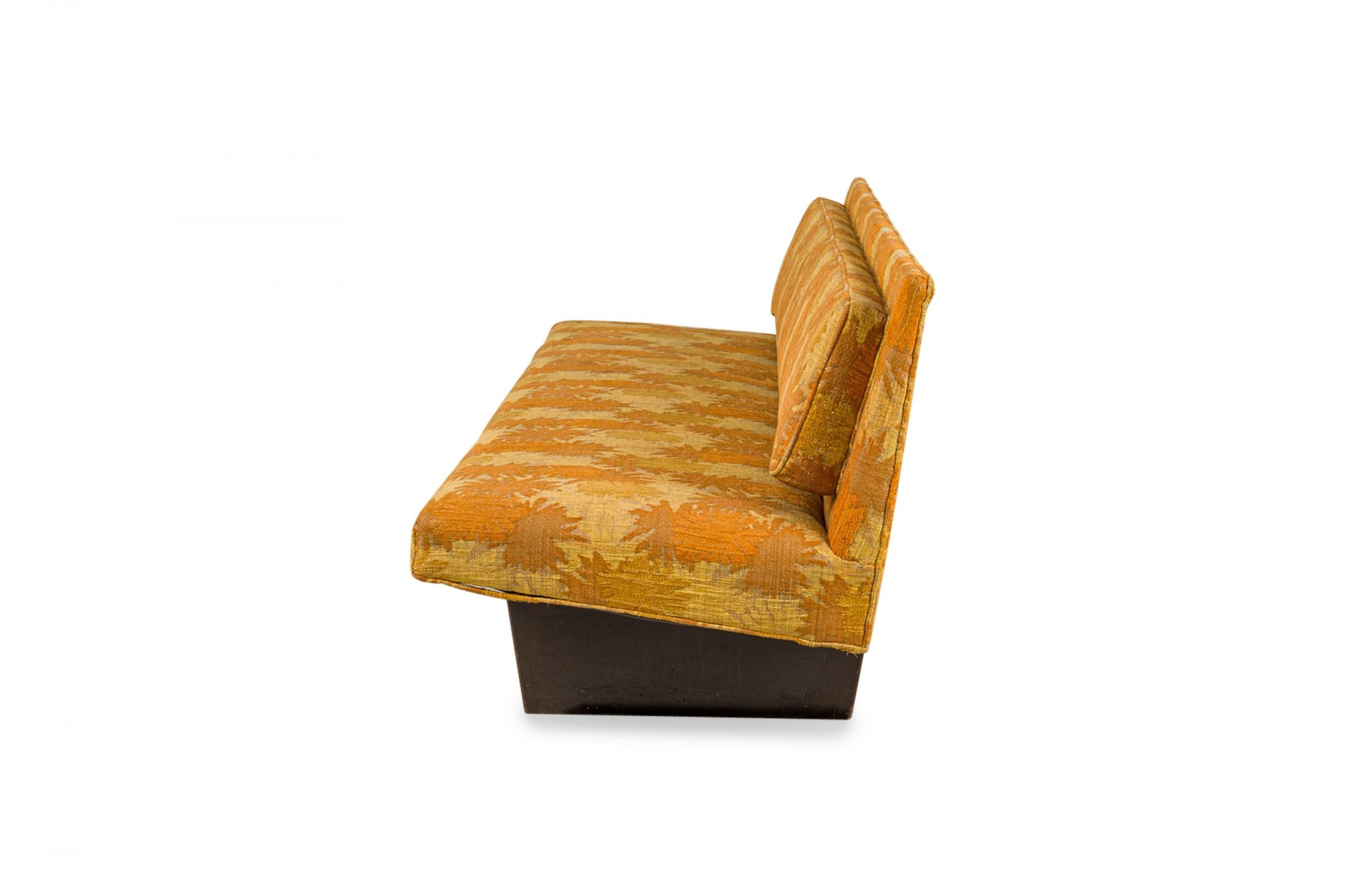 Mid-Century Modern Harvey Probber Gold and Orange Patterned Upholstered Sled Base Sofa For Sale