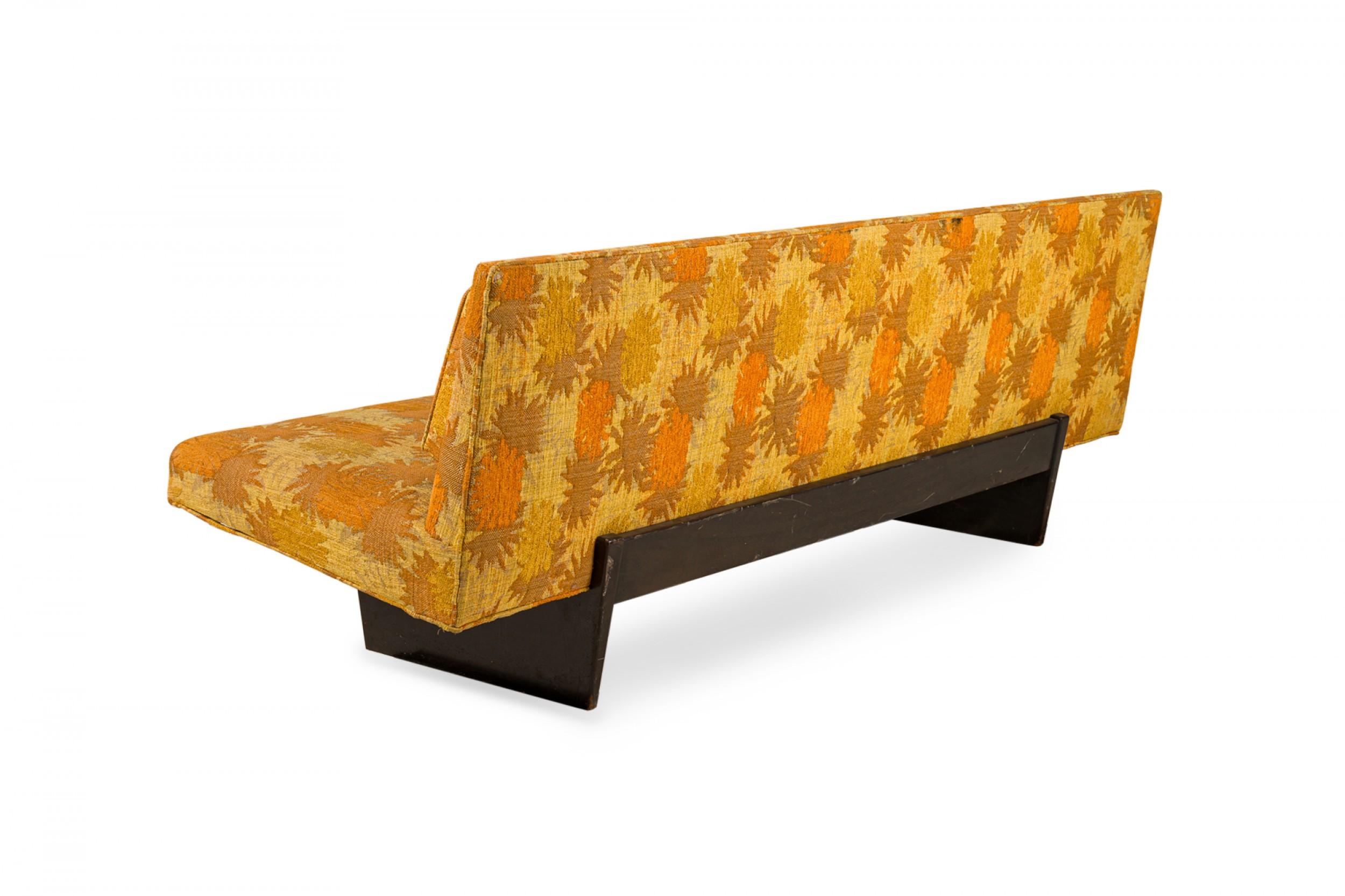 American Harvey Probber Gold and Orange Patterned Upholstered Sled Base Sofa For Sale