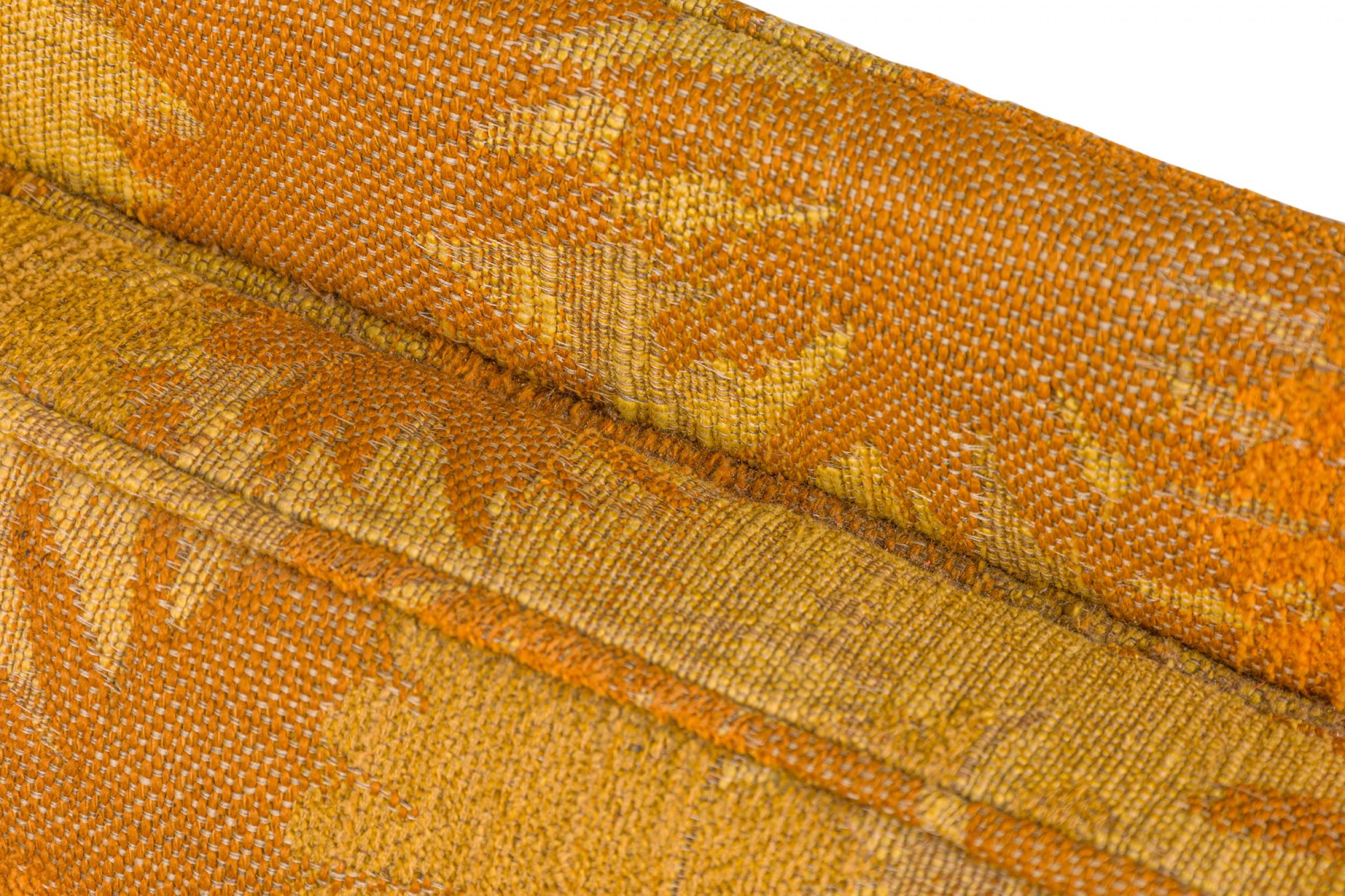 20th Century Harvey Probber Gold and Orange Patterned Upholstered Sled Base Sofa For Sale