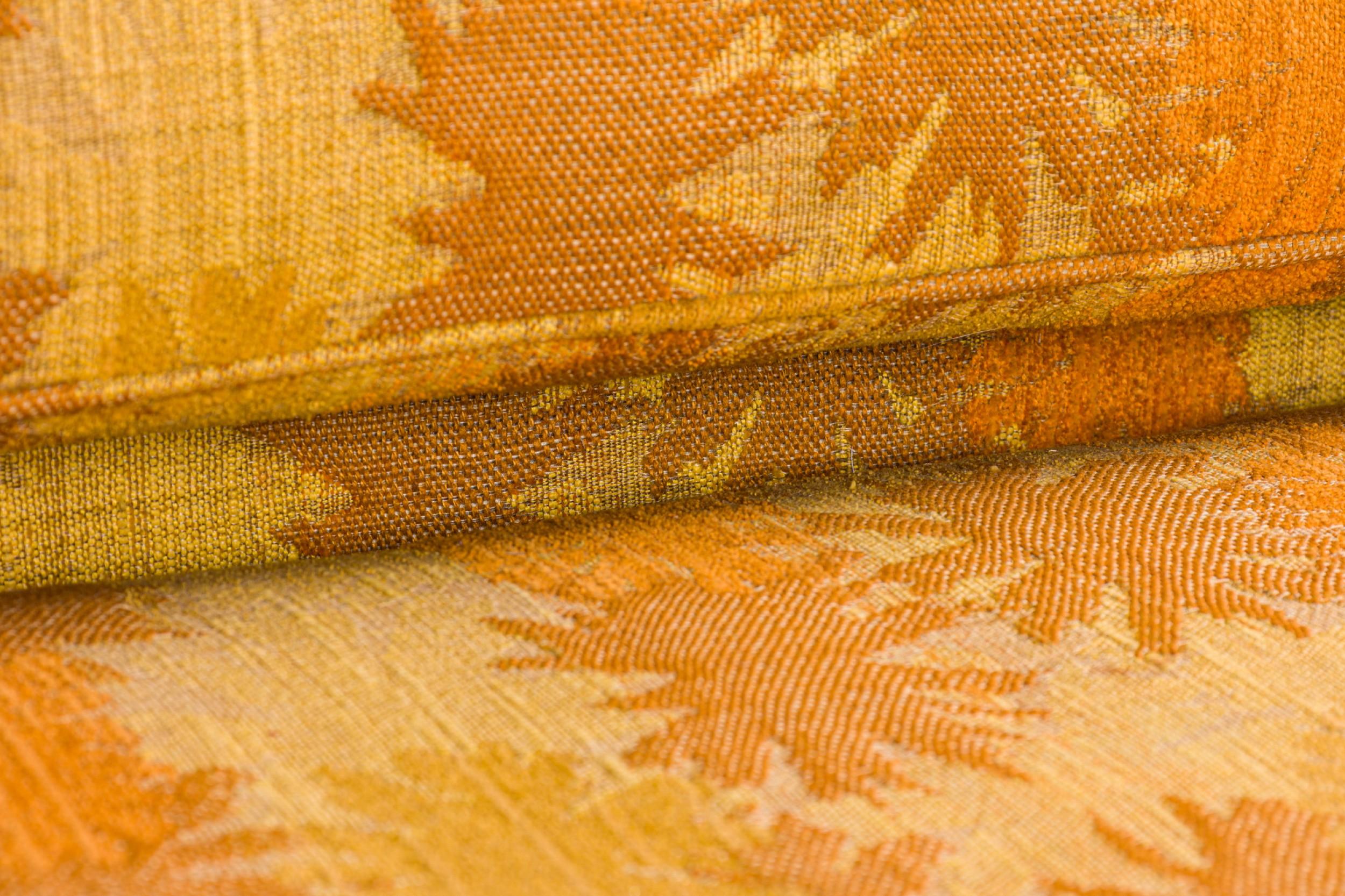 Harvey Probber Gold and Orange Patterned Upholstered Sled Base Sofa For Sale 1