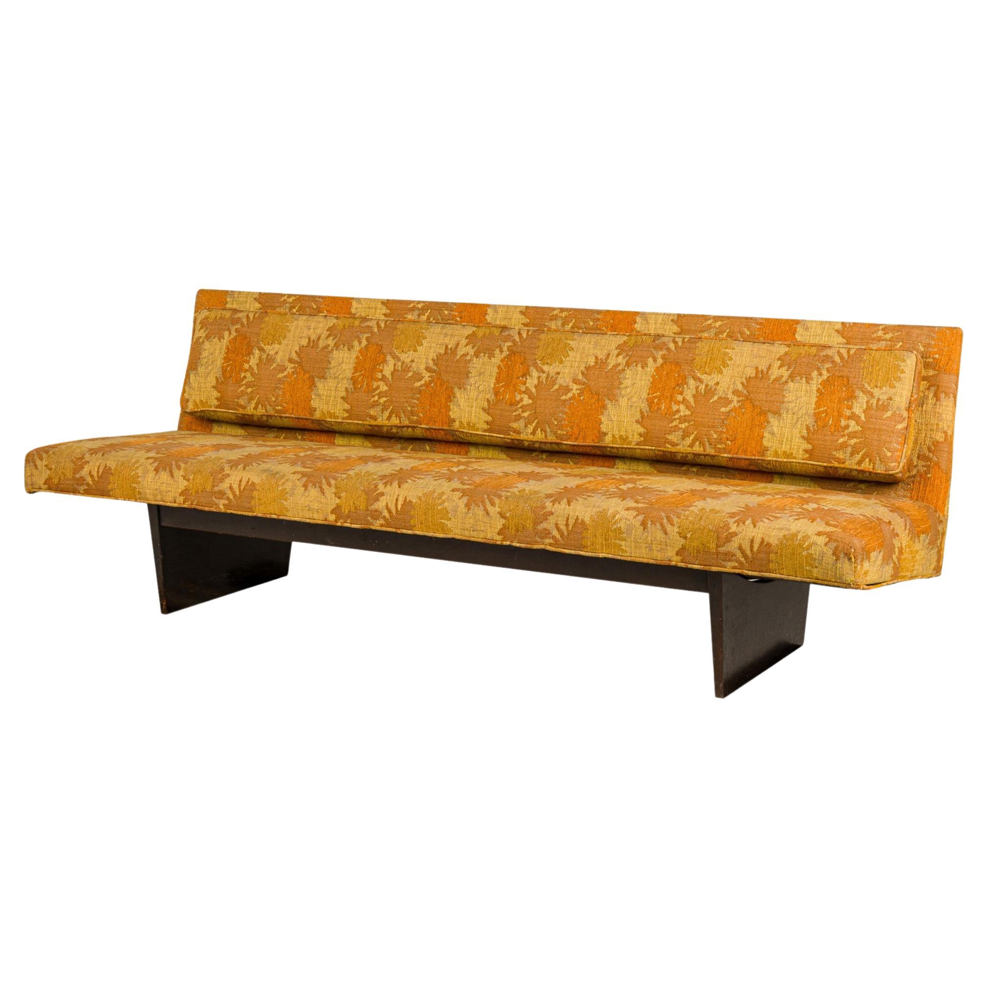 Harvey Probber Gold and Orange Patterned Upholstered Sled Base Sofa For Sale